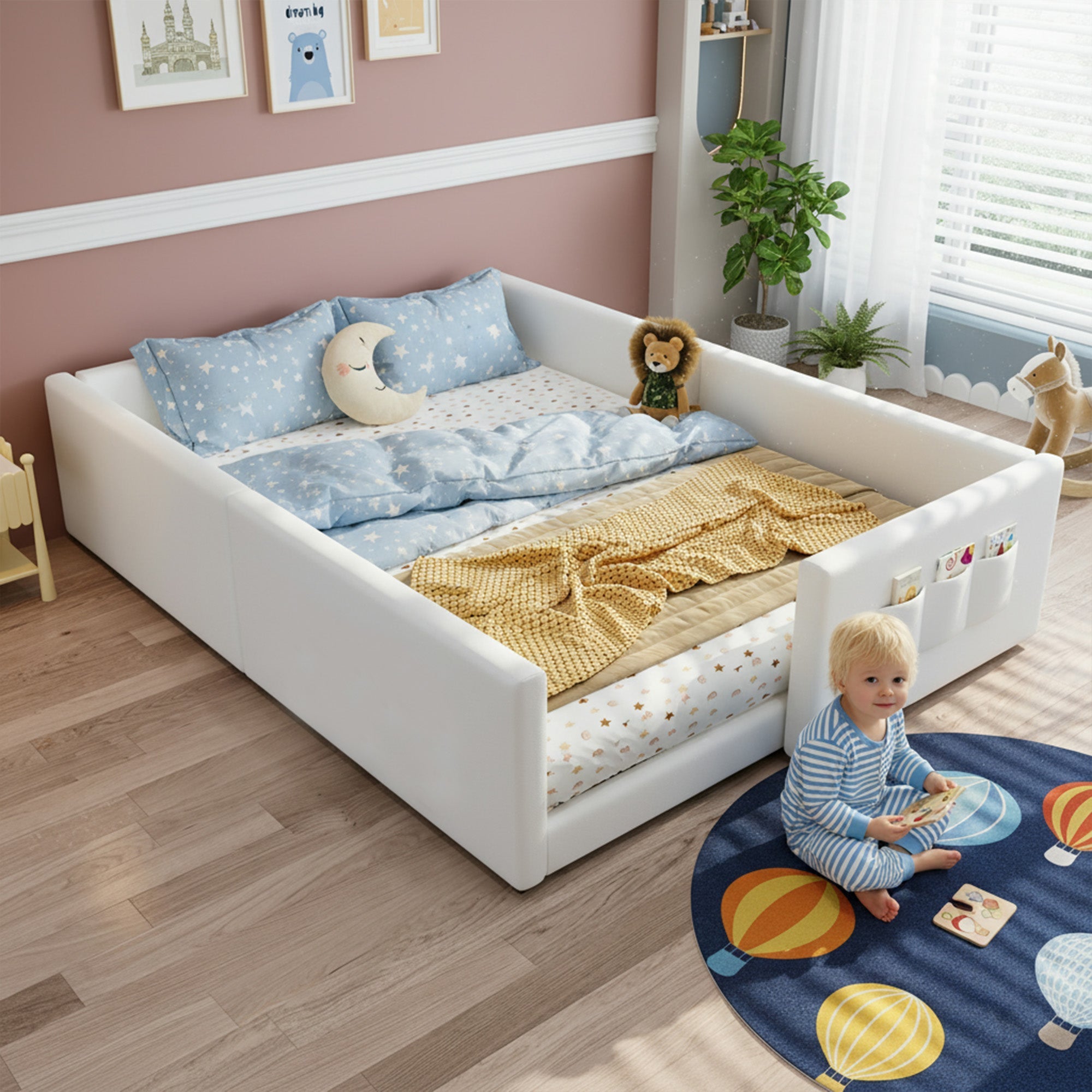 Upholstered Children's Bed with 3 Storage Pockets and Framed Design, 140x200cm, White PU Plywood
