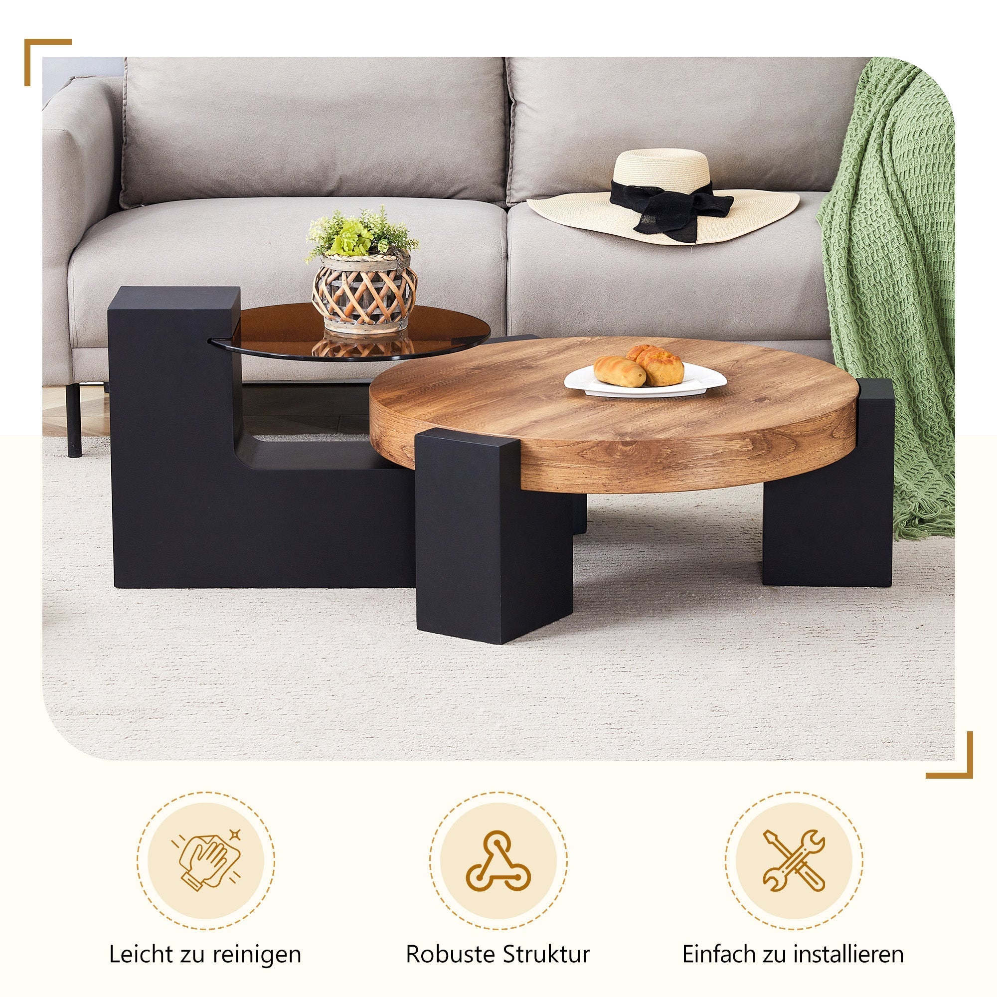 Round Coffee Table Two-Tier Detachable Transparent Brown Glass Top Black MDF Legs
