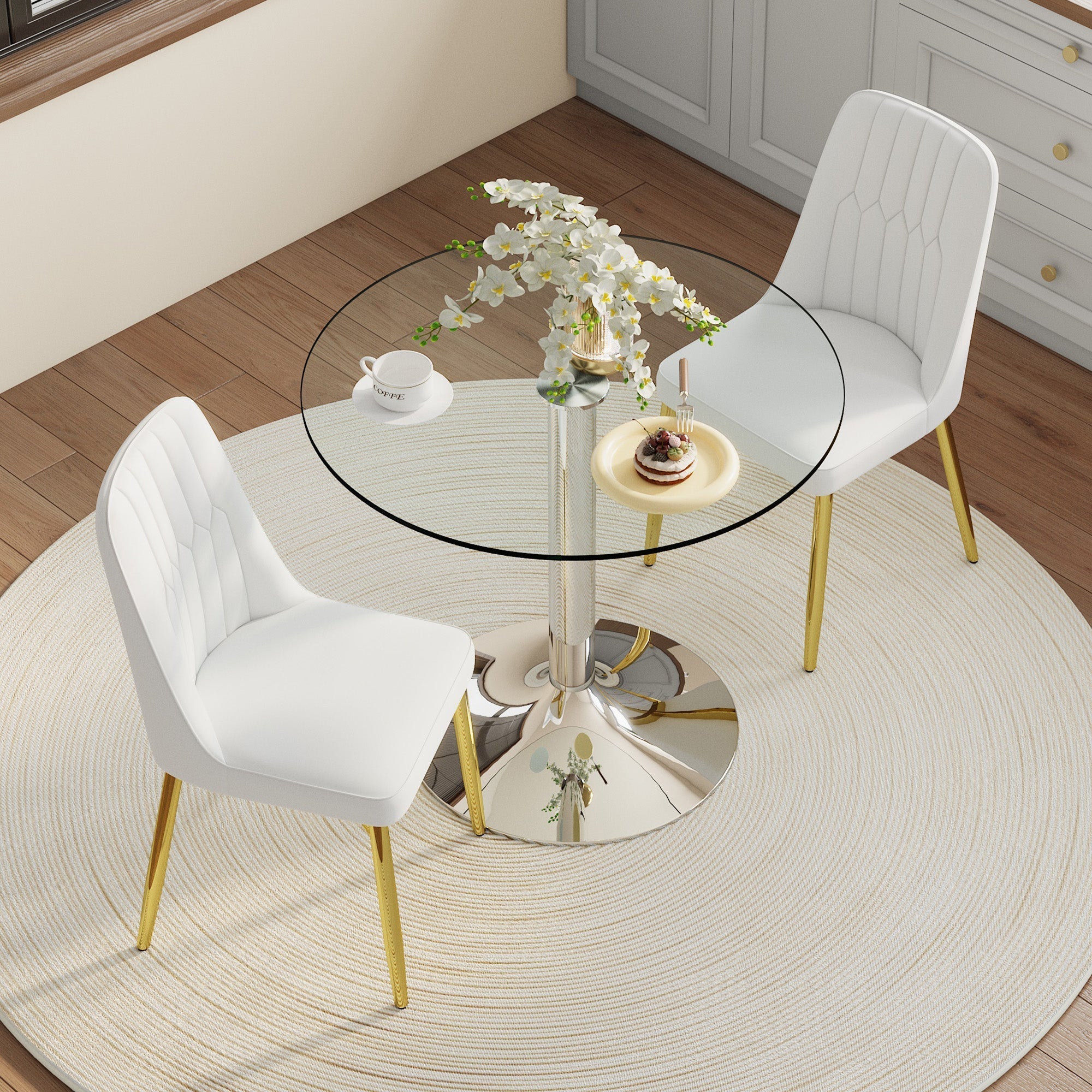 Dining Table Set - Modern Minimalist 85cm Tempered Glass Table & 2 PU Chairs - White & Gold