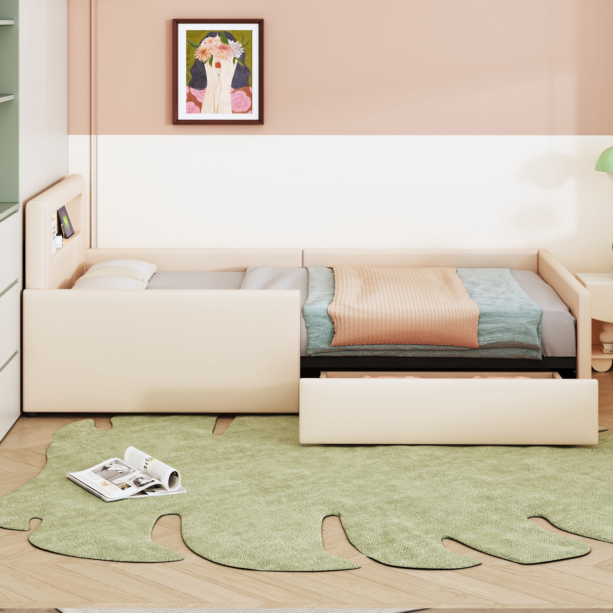 N623P195760A Upholstered Bed with LED Lighting and USB Charging, 140x200cm, Beige Velvet