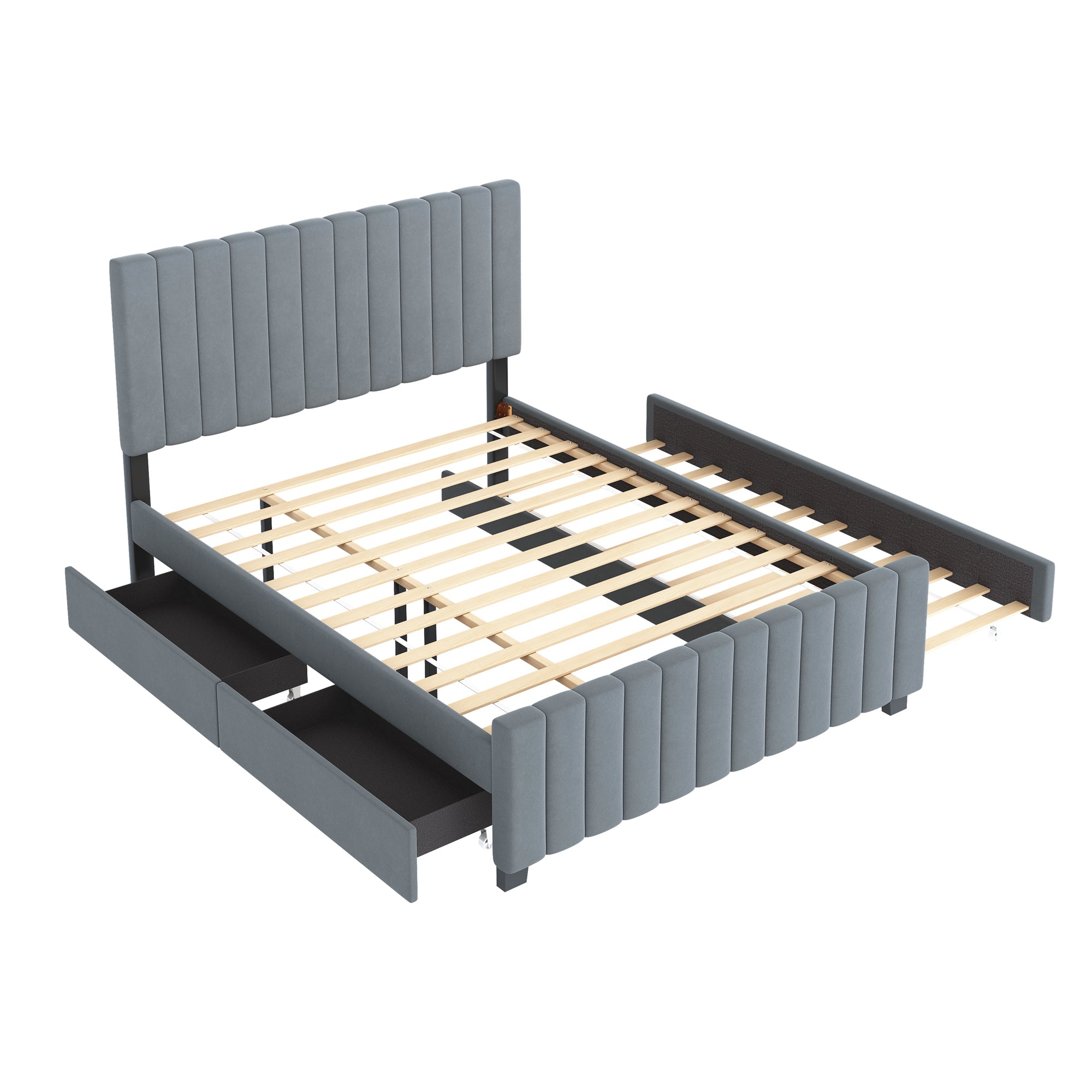 Upholstered Bed 140x190cm, Pull-Out & 2 Drawers, Velvet, Grey