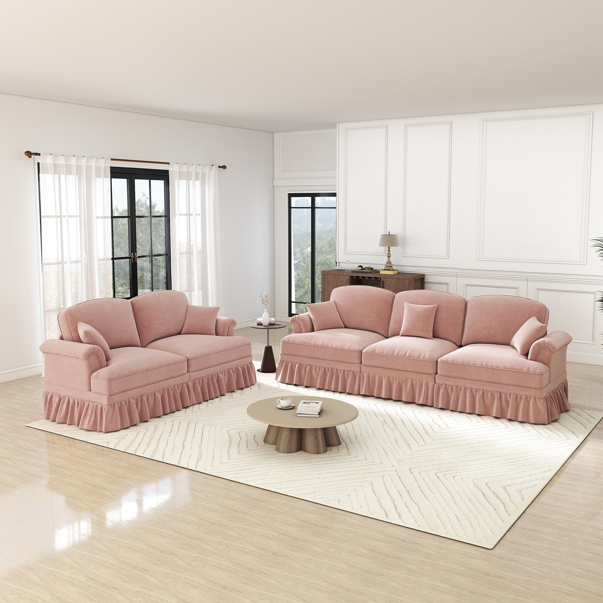Classic 2-Piece Modular Sofa Set 3-Seater & 2-Seater Removable Ruffled Apron - Chenille Pink