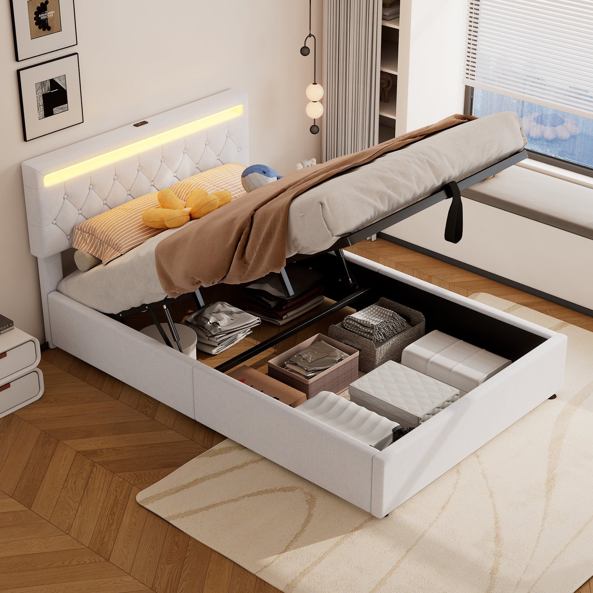 Upholstered Bed 140x200cm Adjustable Ambient Light USB/Type-C Storage - White