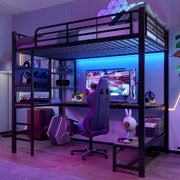 Loft Bed with Desk, Shelves, USB Sockets and LED Strip, Black Iron Frame