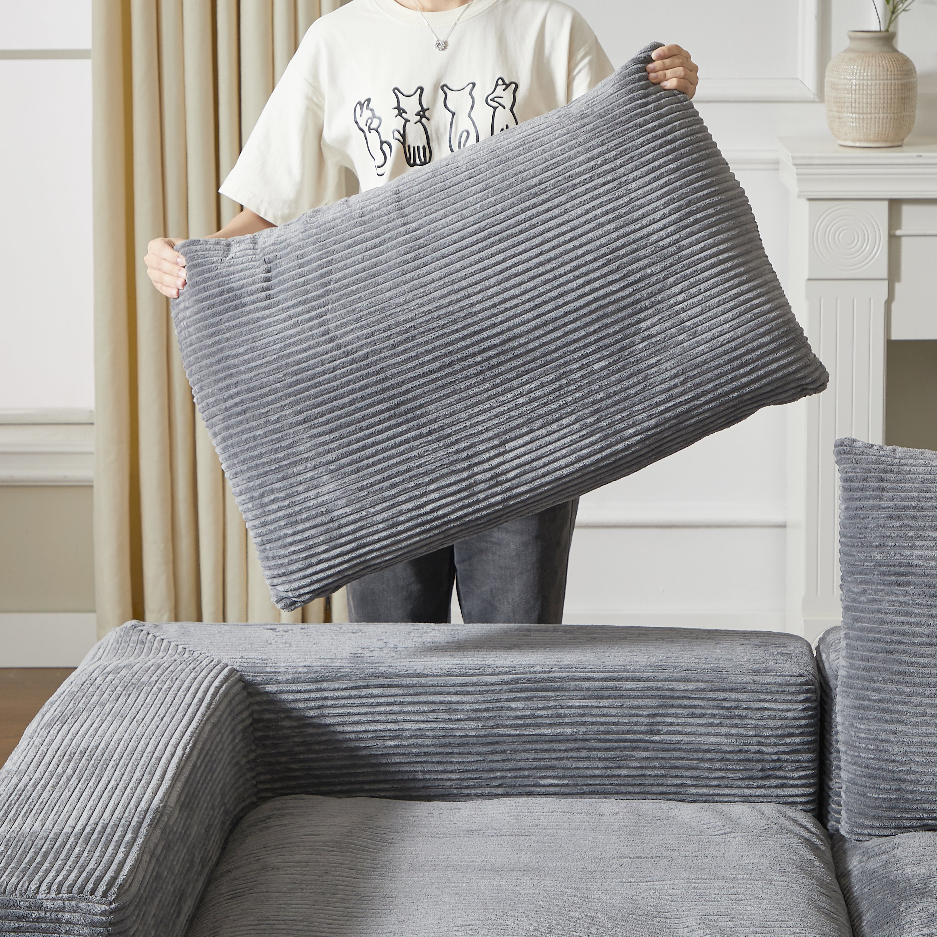 Boneless Couch with Chaise, L-Shaped Modern Upholstered Sofa, Three Cushions, No Assembly Required, Corduroy