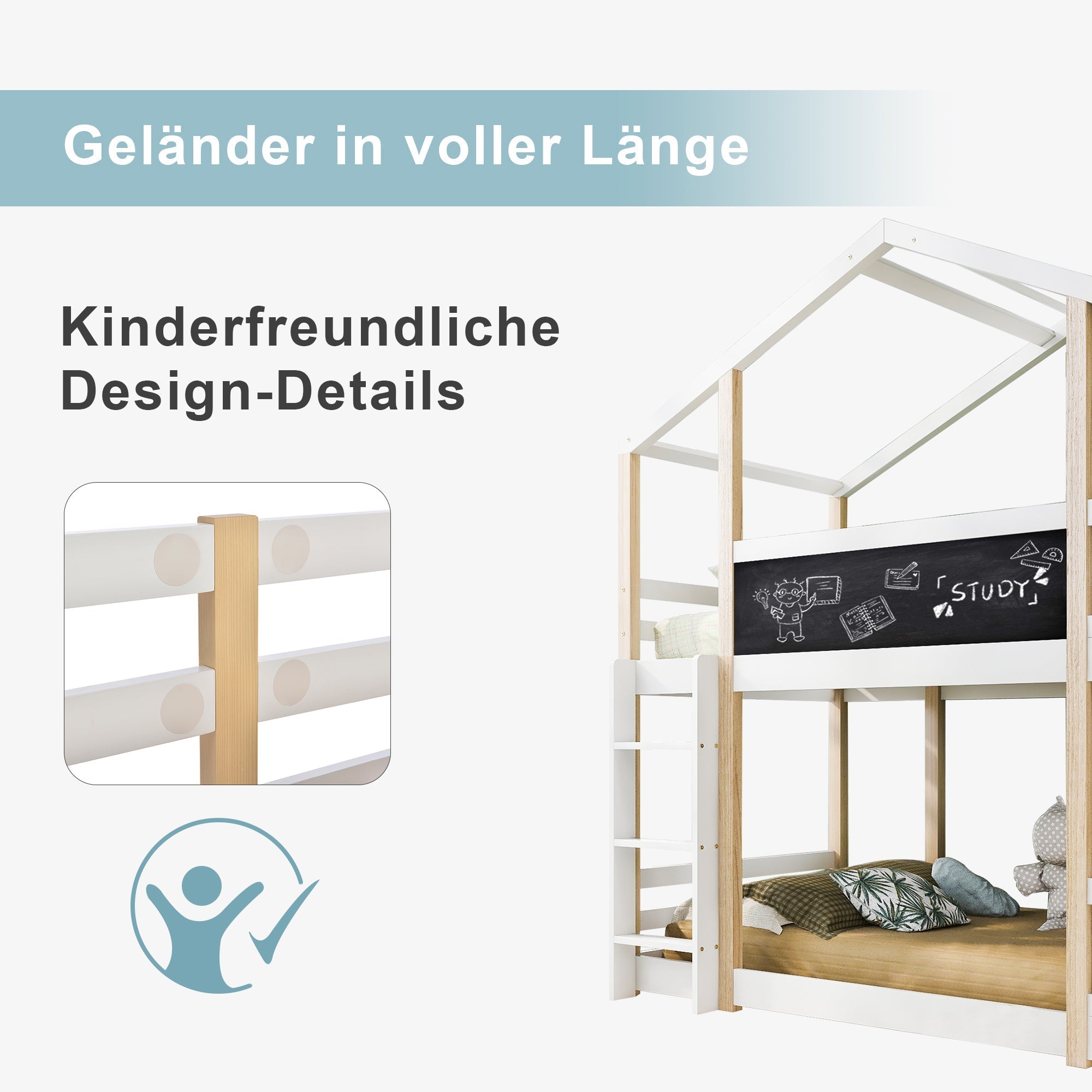 Children's Tree House Bed, Loft Bed with Ladder & Slatted Frames, 90x200 cm, Natural & White
