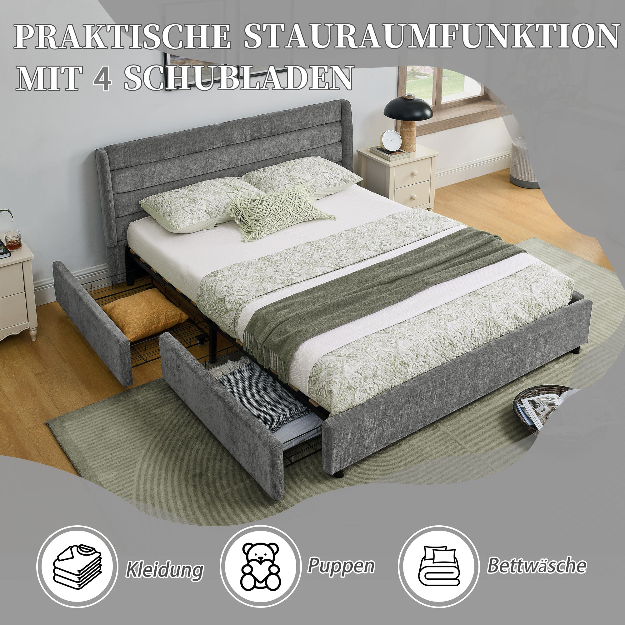 Double Bed 140x200cm with 4 Storage Drawers, Chenille Dark Grey
