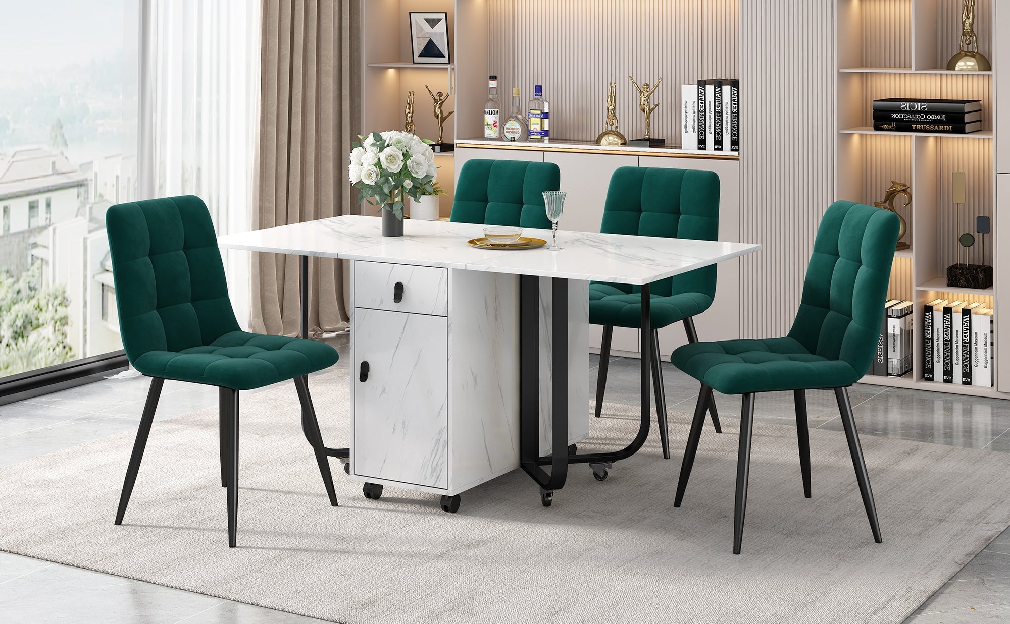 Dining Set 5-Piece Folding Kitchen Table Velvet Chairs White MDF Black