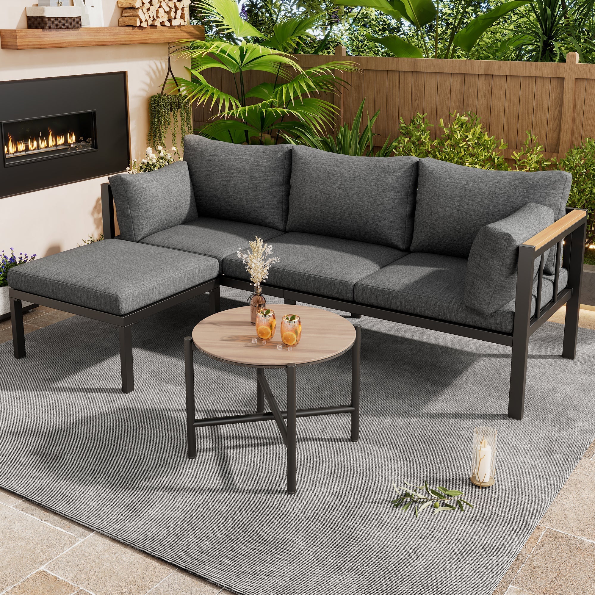 Garden Furniture Set with Corner Sofa, Coffee Table & Footstool, Galvanized Steel & Glass, Grey