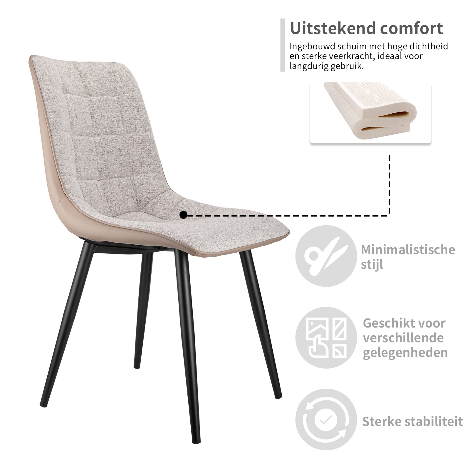 Set of 2 Upholstered Dining Chairs Metal Frame Faux Leather & Linen