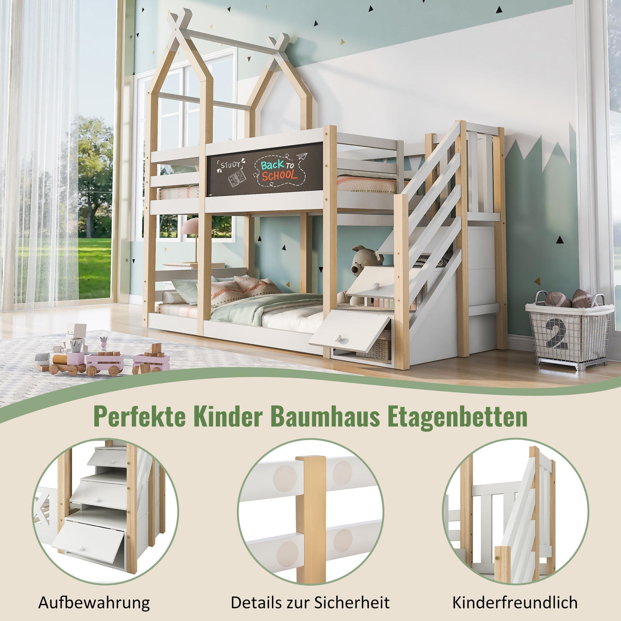 Bunk Bed 90x200, Treehouse Design with Blackboard, Storage, Fall Protection, Loft Bed for Kids, 2x Slatted Frames - Natural & White