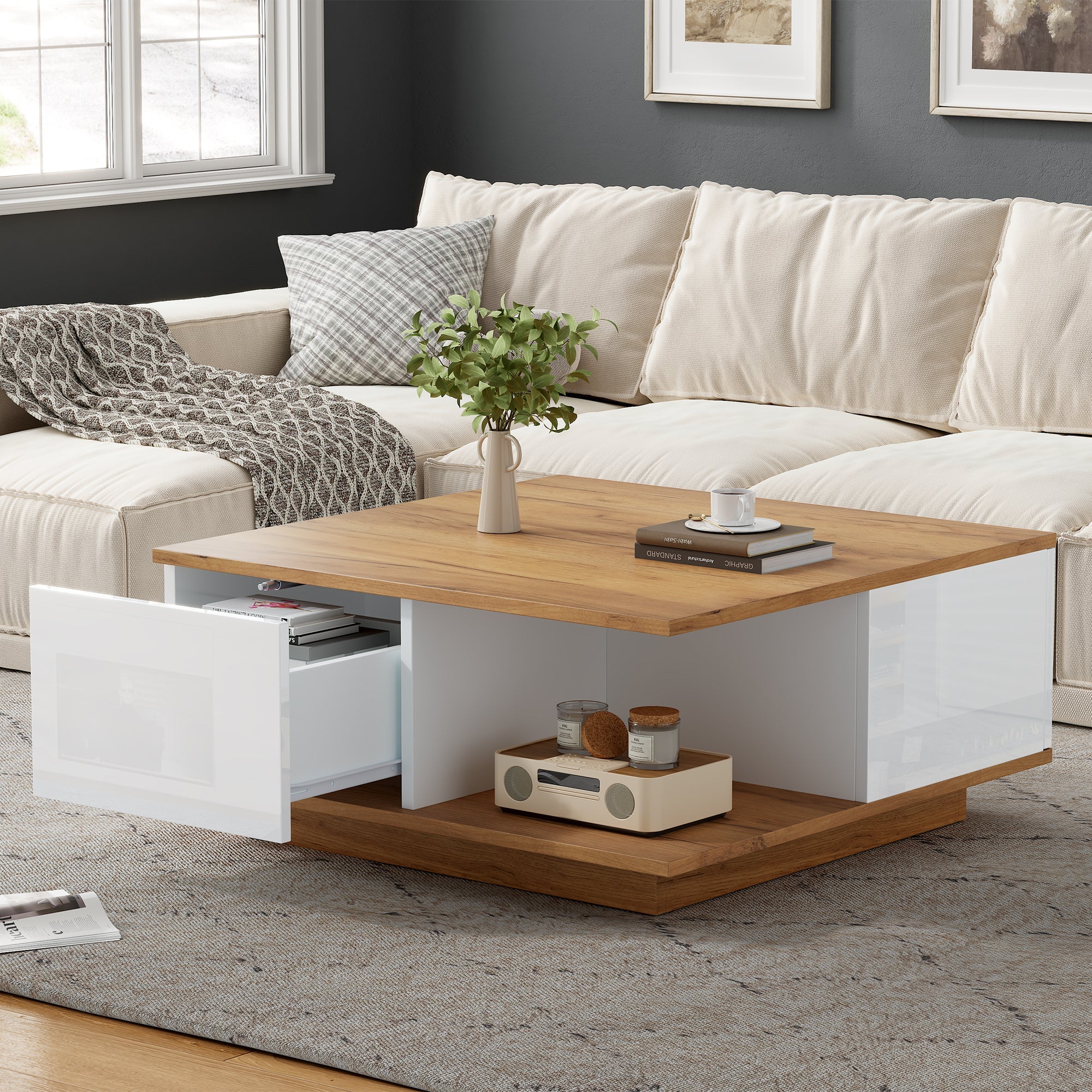 Coffee Table 70x70x31.5cm, 3 Drawers, High-Gloss, White & Original Wood Color