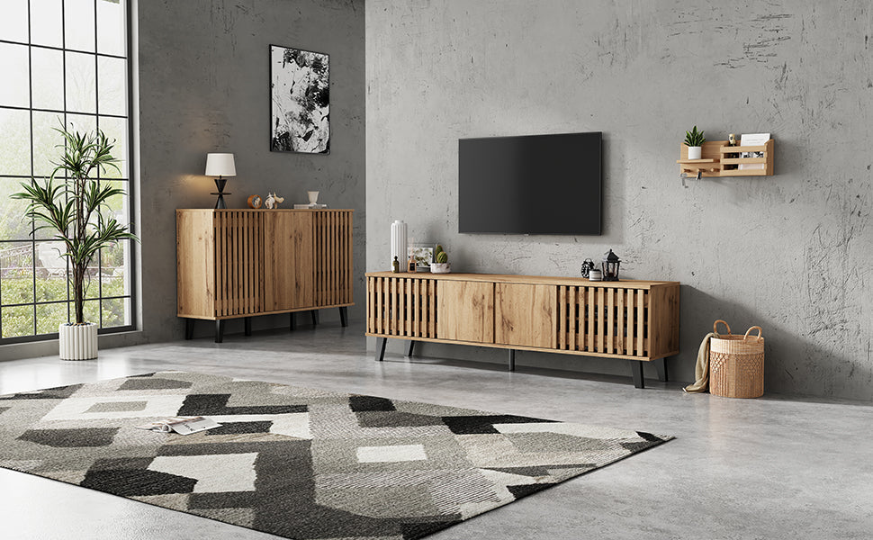 TV Cabinet and Sideboard Set, 180cm & 150cm, 8 Compartments 6 Shelves, Natural Wood