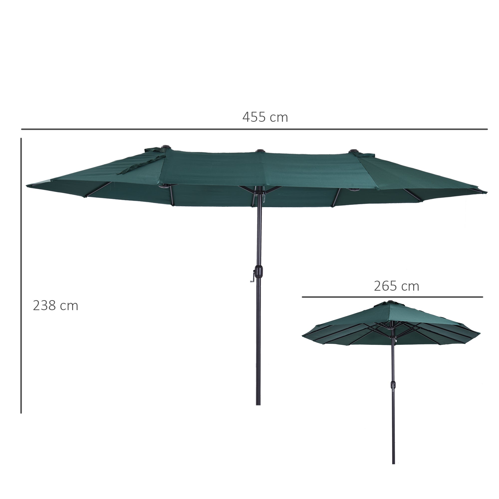 Double Patio Parasol with Hand Crank, Oval 460 x 270 x 240 cm, Dark Green