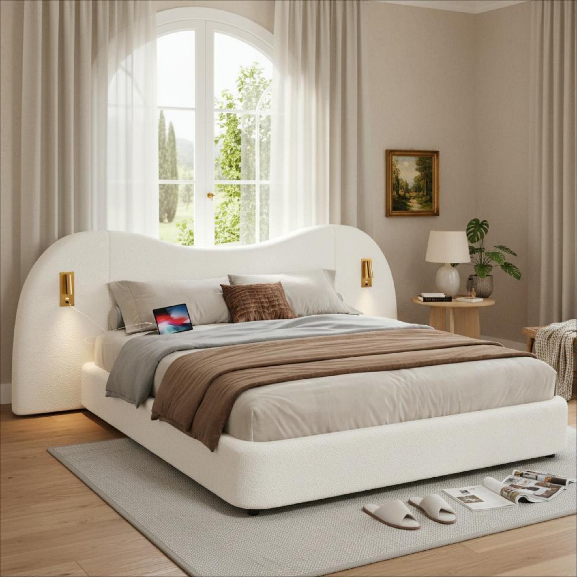 Upholstered Double Bed 180x200cm Hydraulic Storage USB Reading Lamp White Bouclé