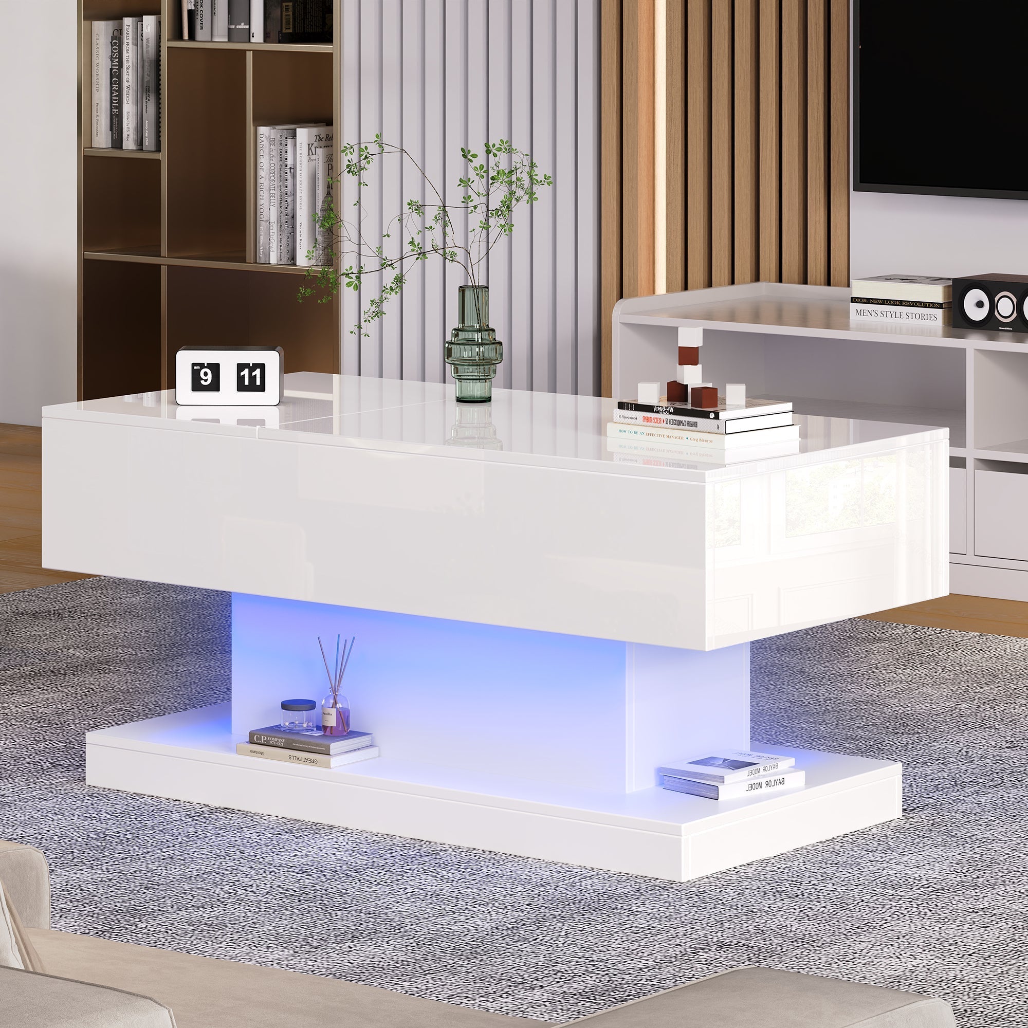 High-gloss Lift-up Tea Table, LED Coffee Table, 100x50x45 cm with Storage, White