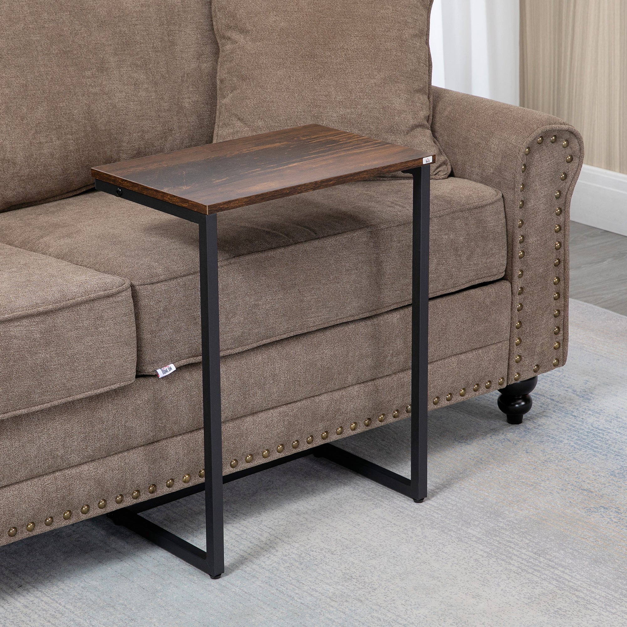 Set of 3 side tables, C-shaped nesting, space-saving, steel frame, rustic brown