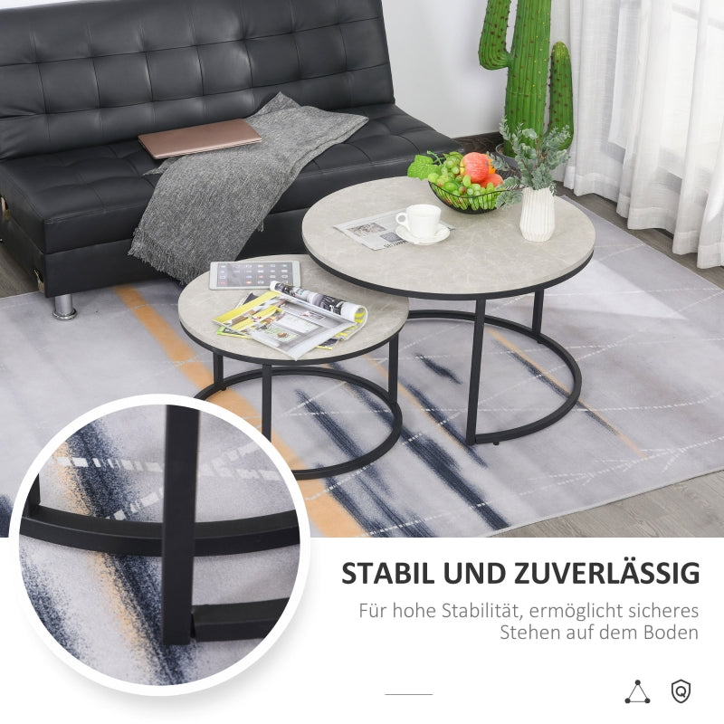 Coffee Table Set - 2 Round Nesting Tables Industrial Metal Frame - Concrete Look/Black
