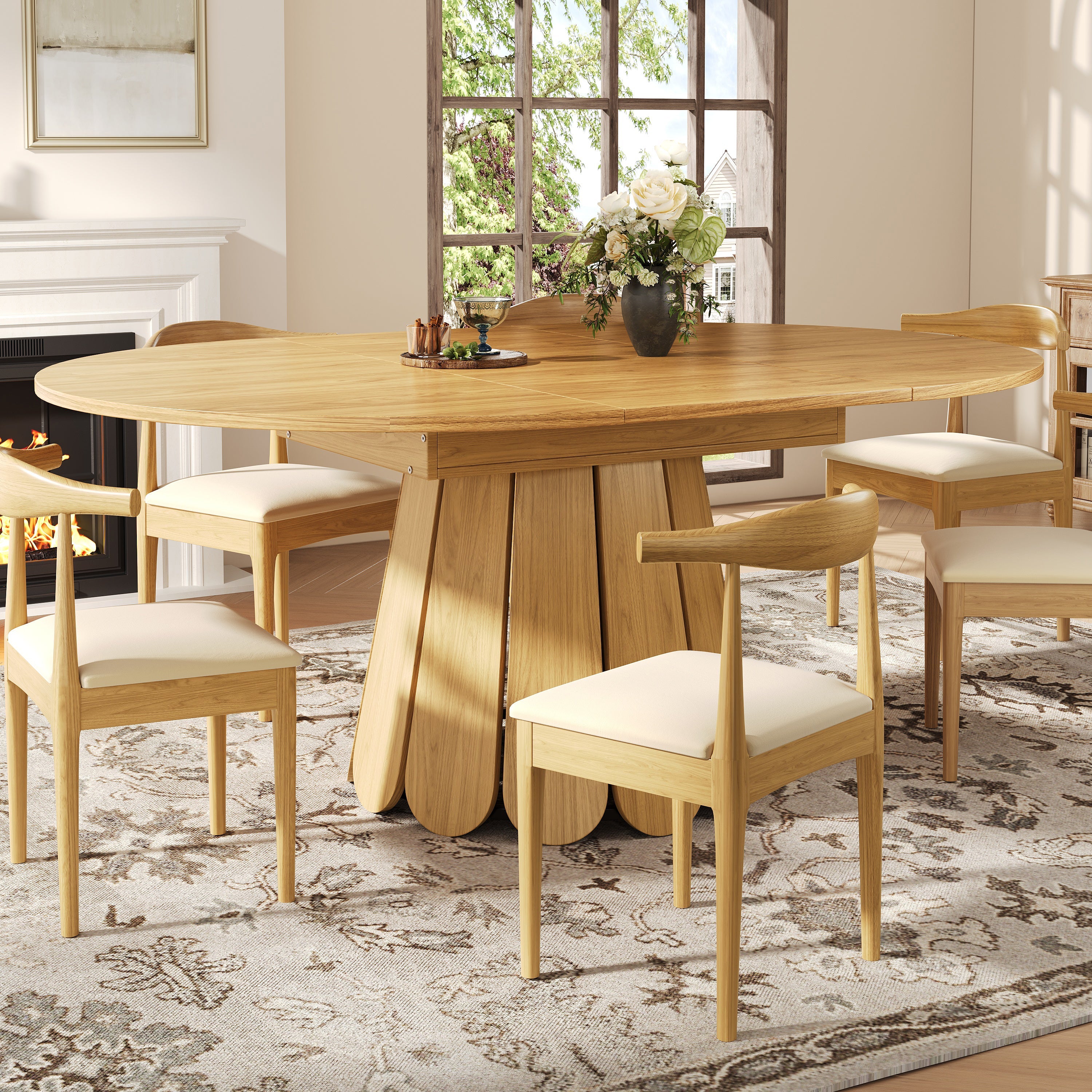 Extendable Round Dining Table 118-158cm Extends to Oval 6 Seater - Wood Color