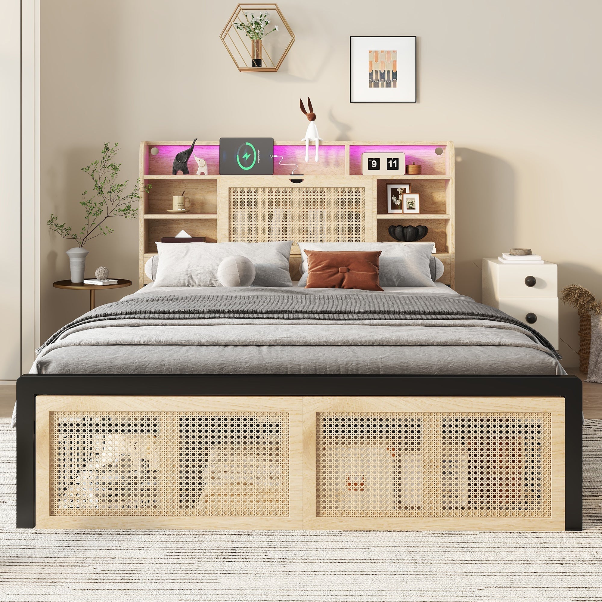 Wooden Bed, Charging Port, LED Strip Light, 4ft6 Double, Wood Colour