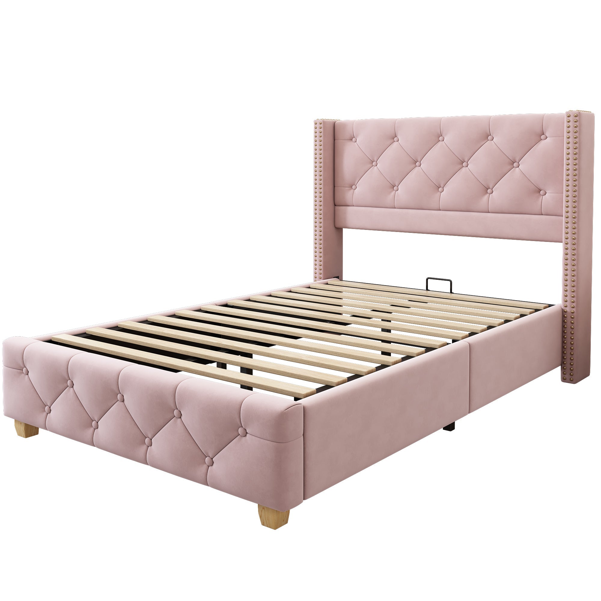 Upholstered Bed 90x200cm with Slatted Frame and Studded Buttoned Headboard, Pink Velvet