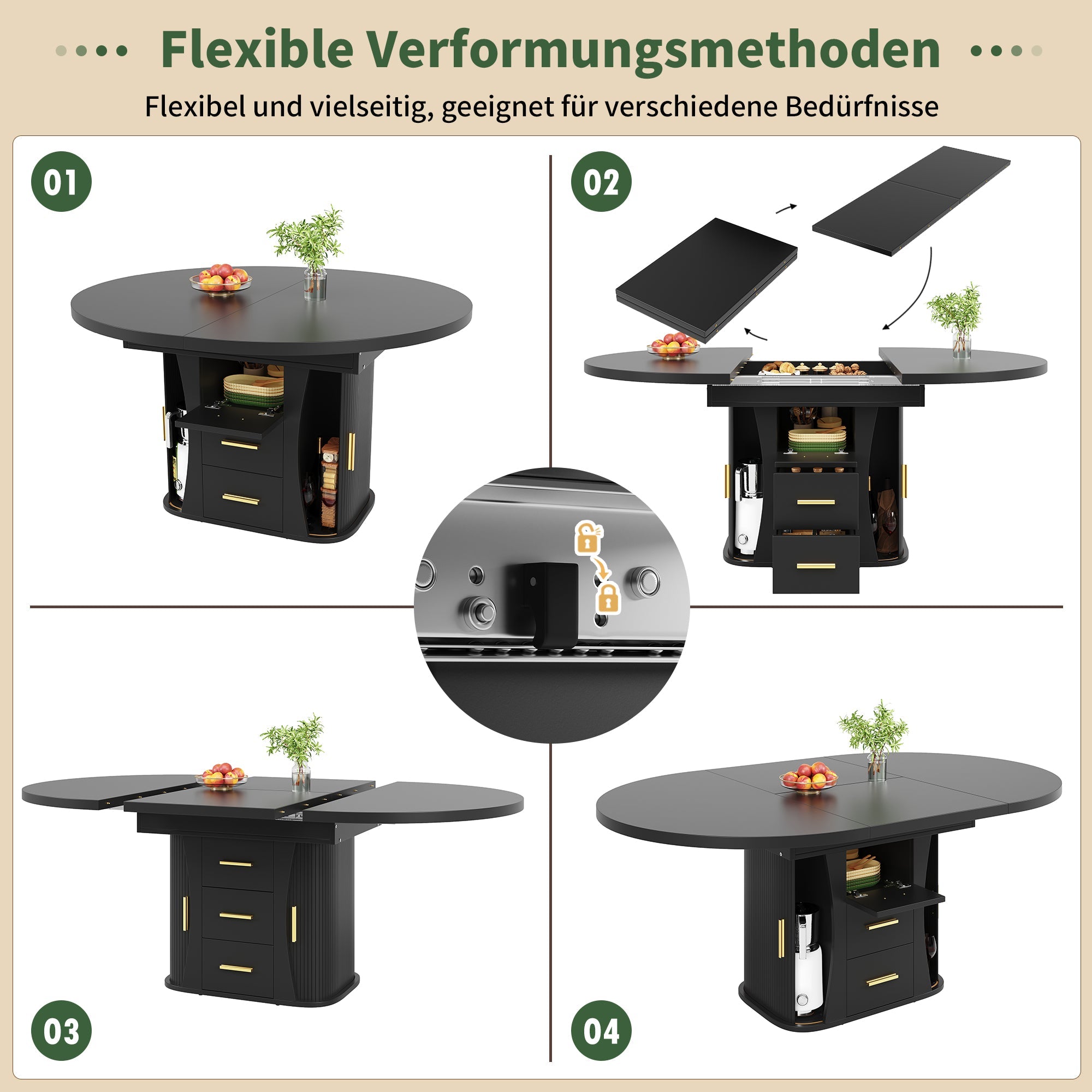 Extendable Round Dining Table, Seats 6 People with Three-tier Storage, Black