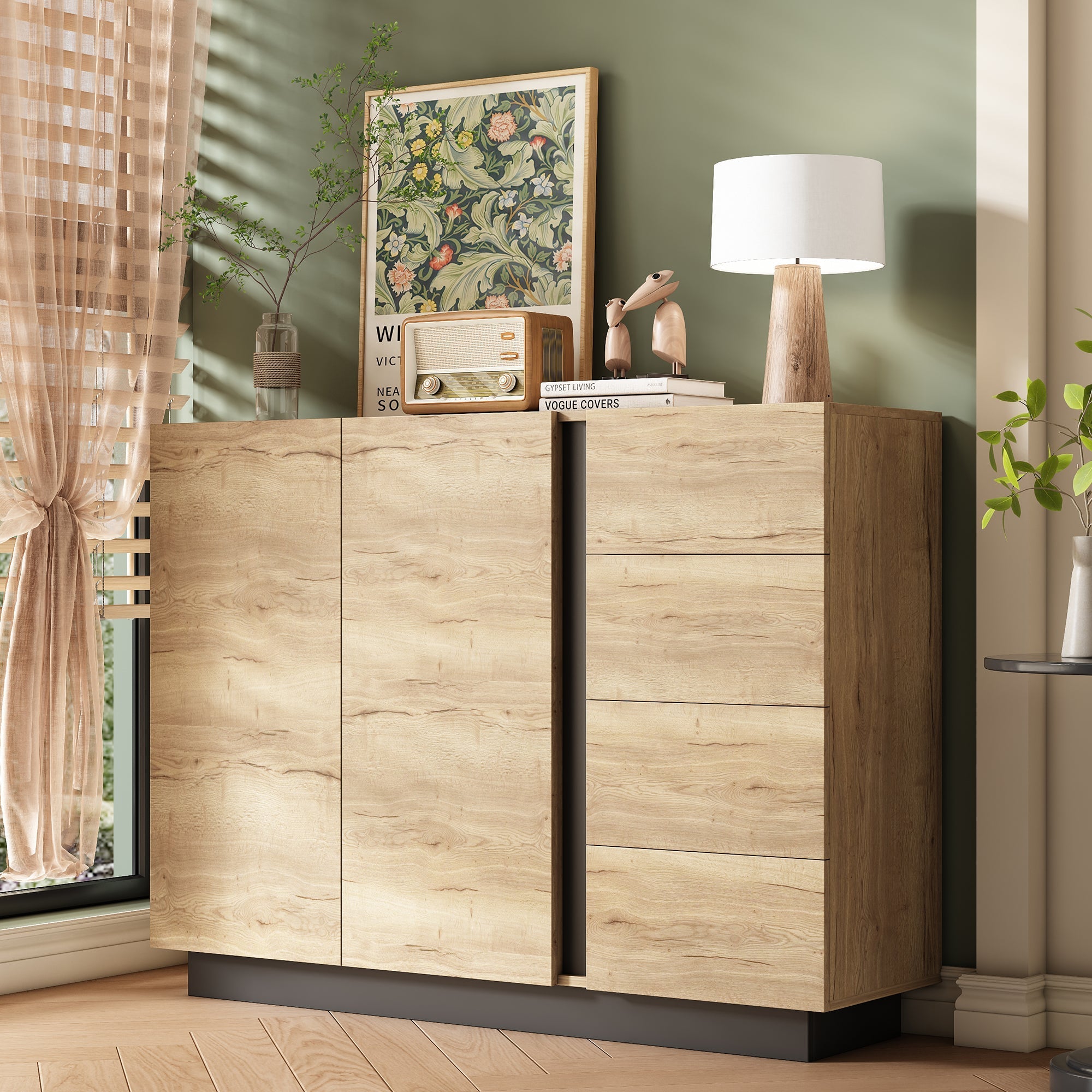Chest of Drawers Sideboard Storage Cabinet 4 Drawers 2 Doors Black and Natural
