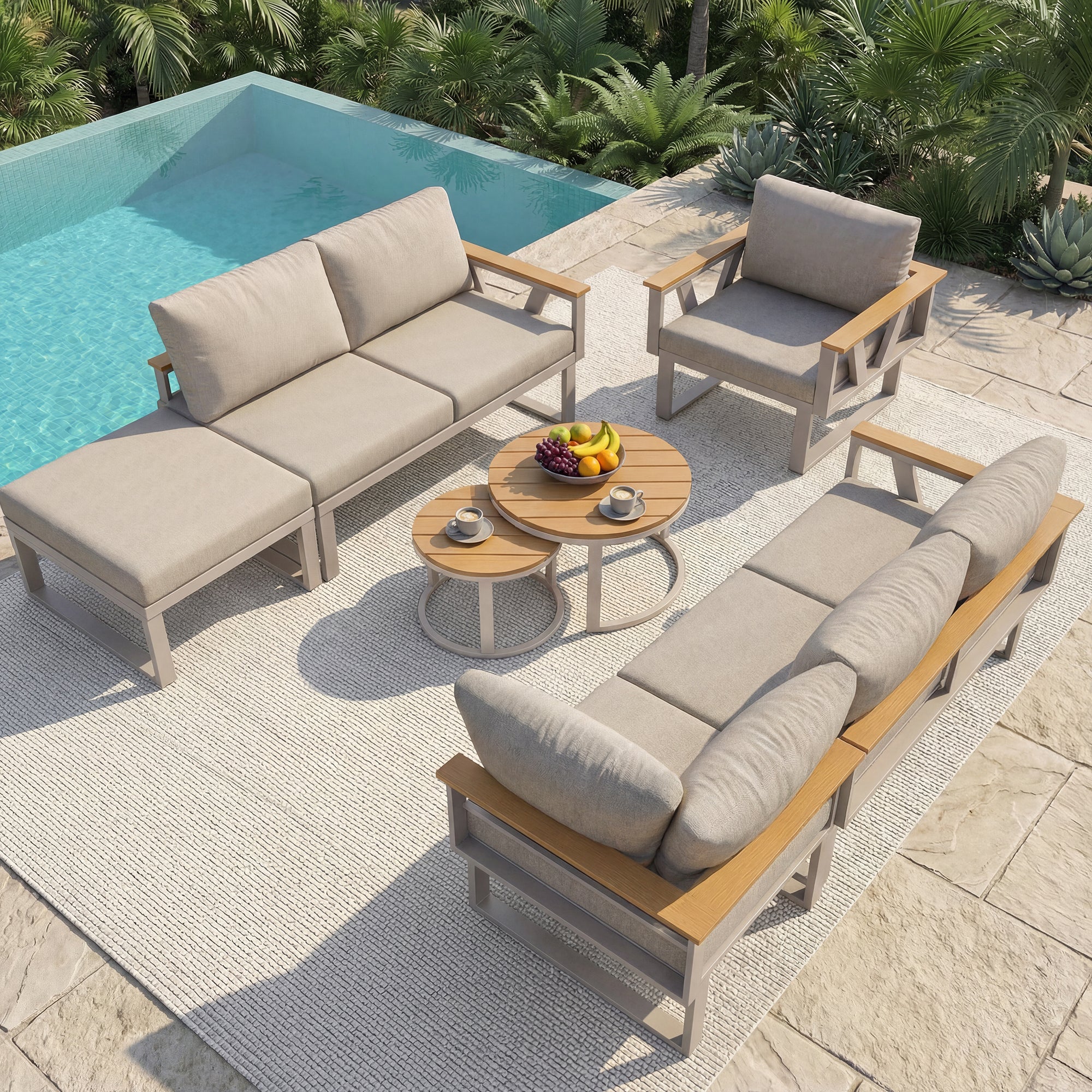 Modular Outdoor Seating Set with 9cm Cushions and 2 Wooden Tables, Grey and Beige