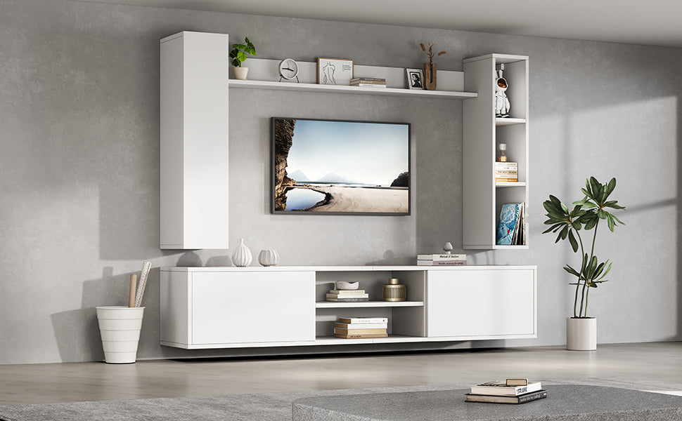 TV Wall Unit Set, 4-Piece Media with Display Cabinets, TV Board, Shelves, White