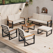 Garden Furniture Set with 1 3-Seater Sofa, 1 2-Seater Sofa, 2 1-Seater Sofas, Coffee Table and Footstool, Beige Galvanized Steel and Acacia Wood