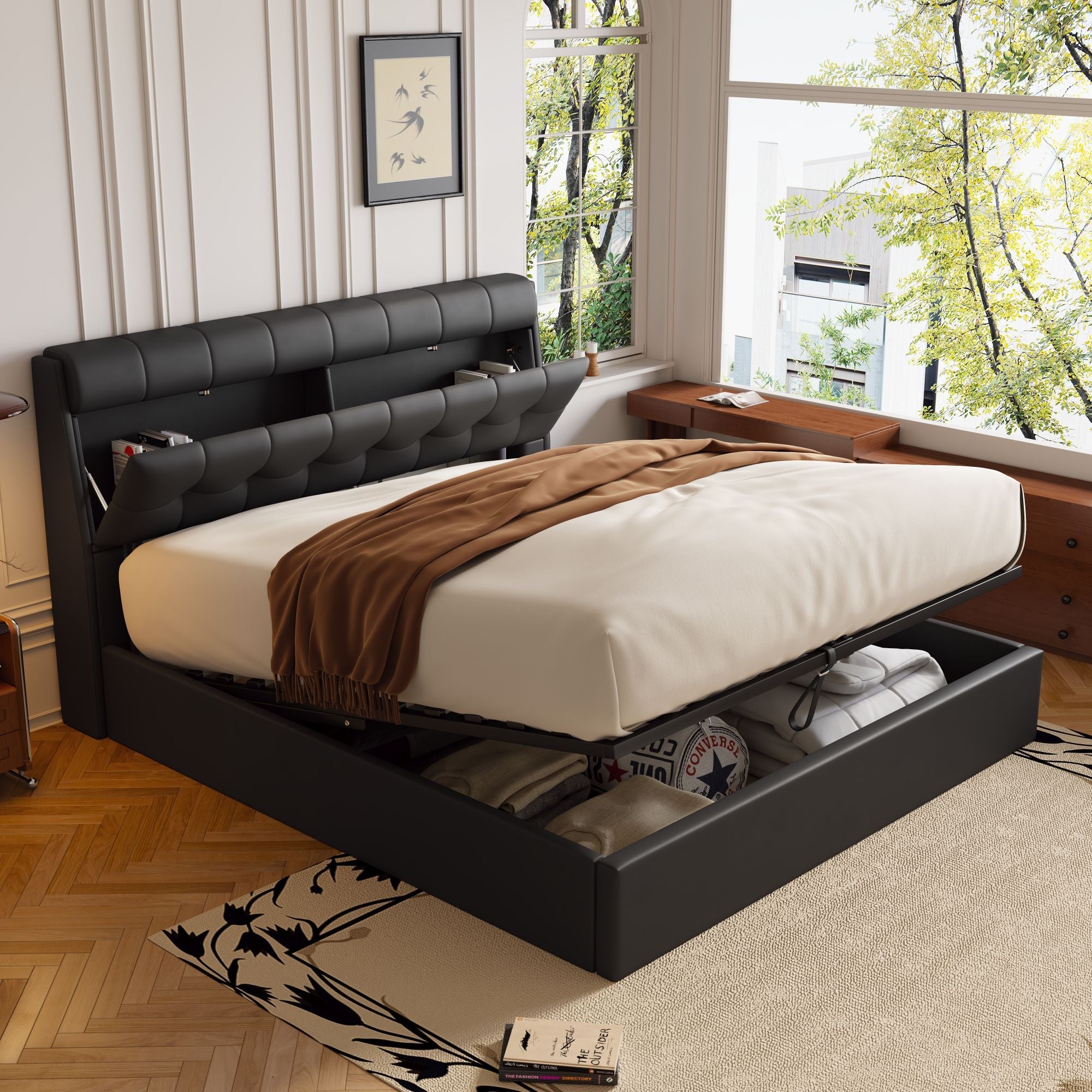 Upholstered Bed, King Size 150x200cm, Hydraulic Lift with Concealed Headboard Storage, Black PU