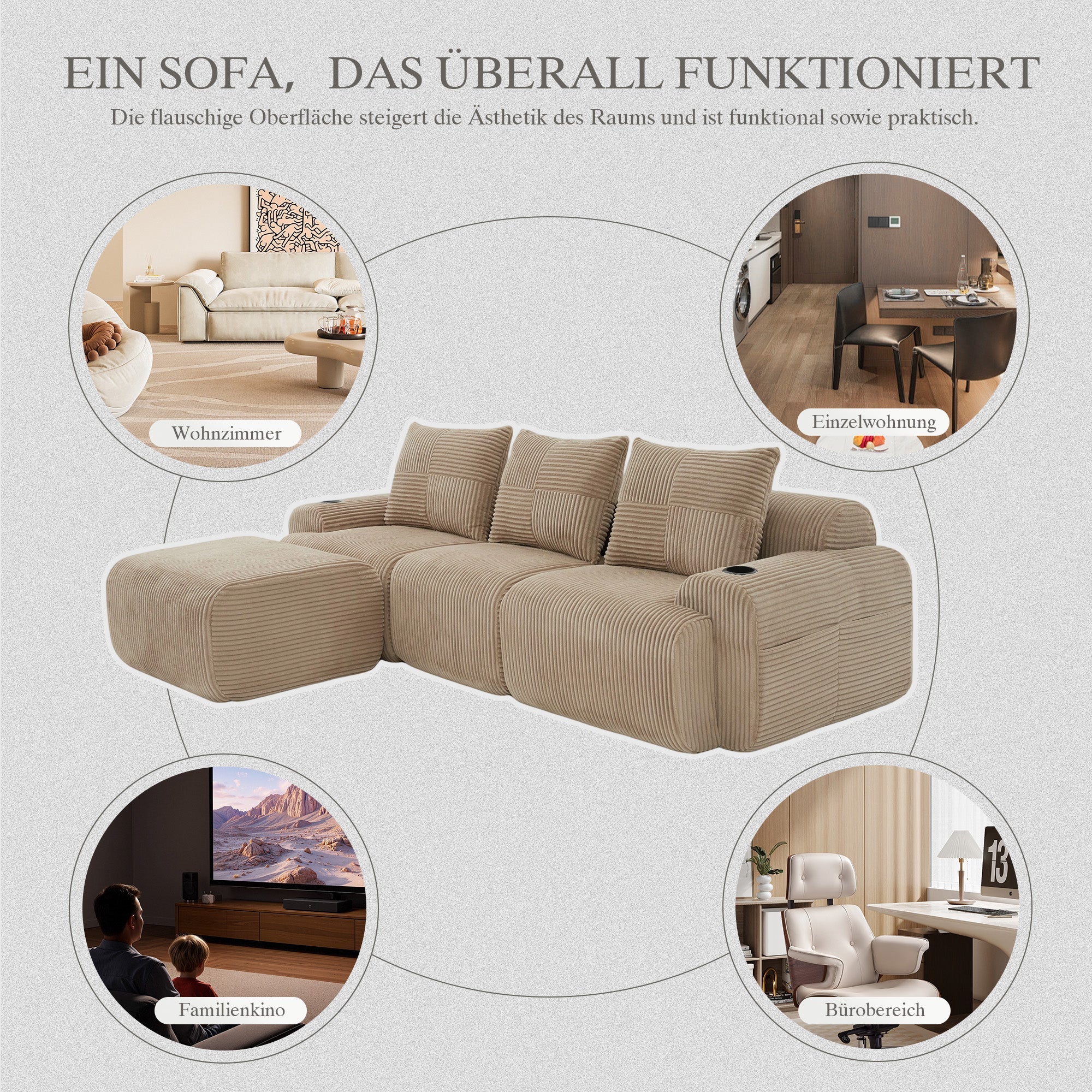 3-Seater Modular Sofa with Ottomans and Cup Holders, Khaki Corduroy
