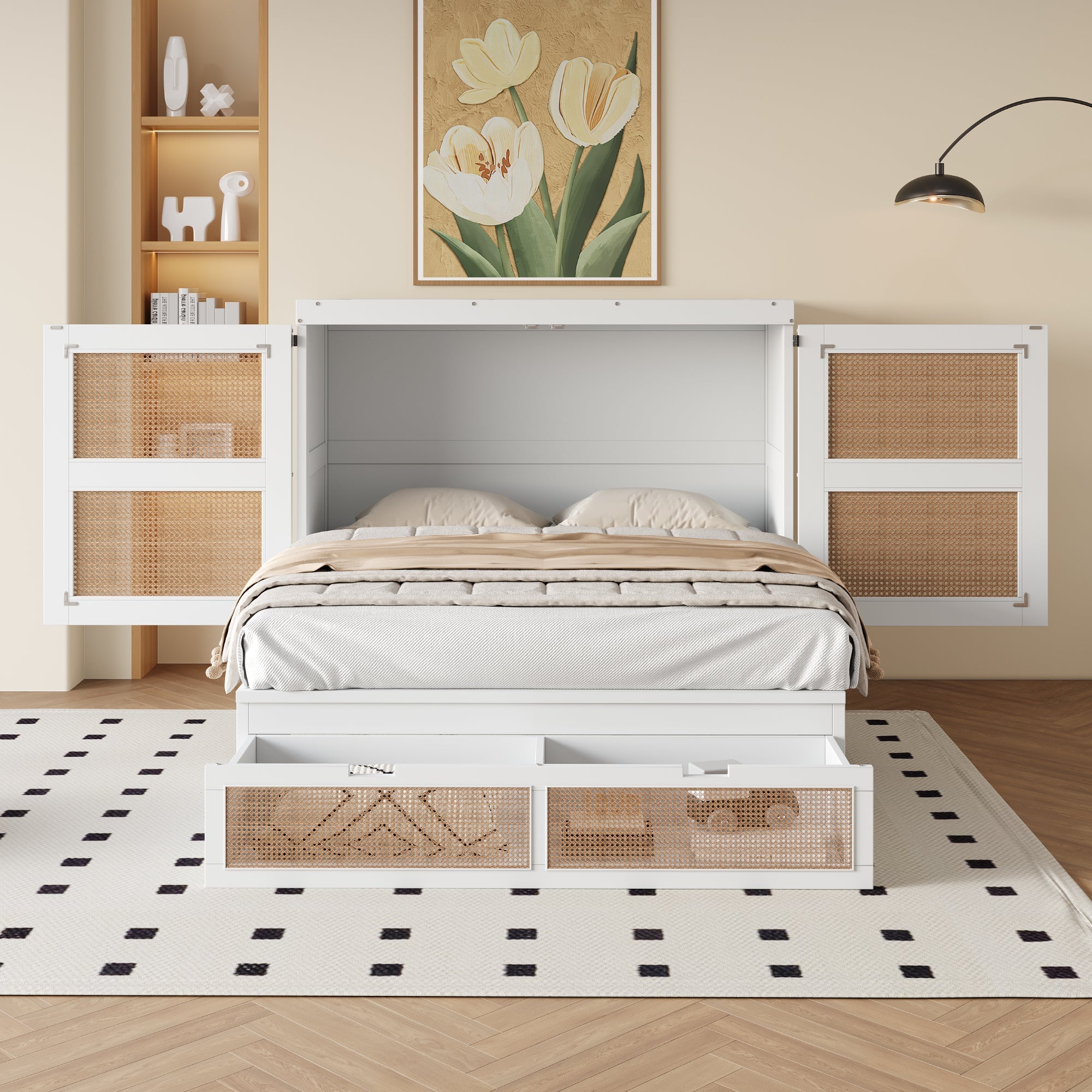 Murphy Bed with Rattan Cabinet Doors and Integrated Storage, White