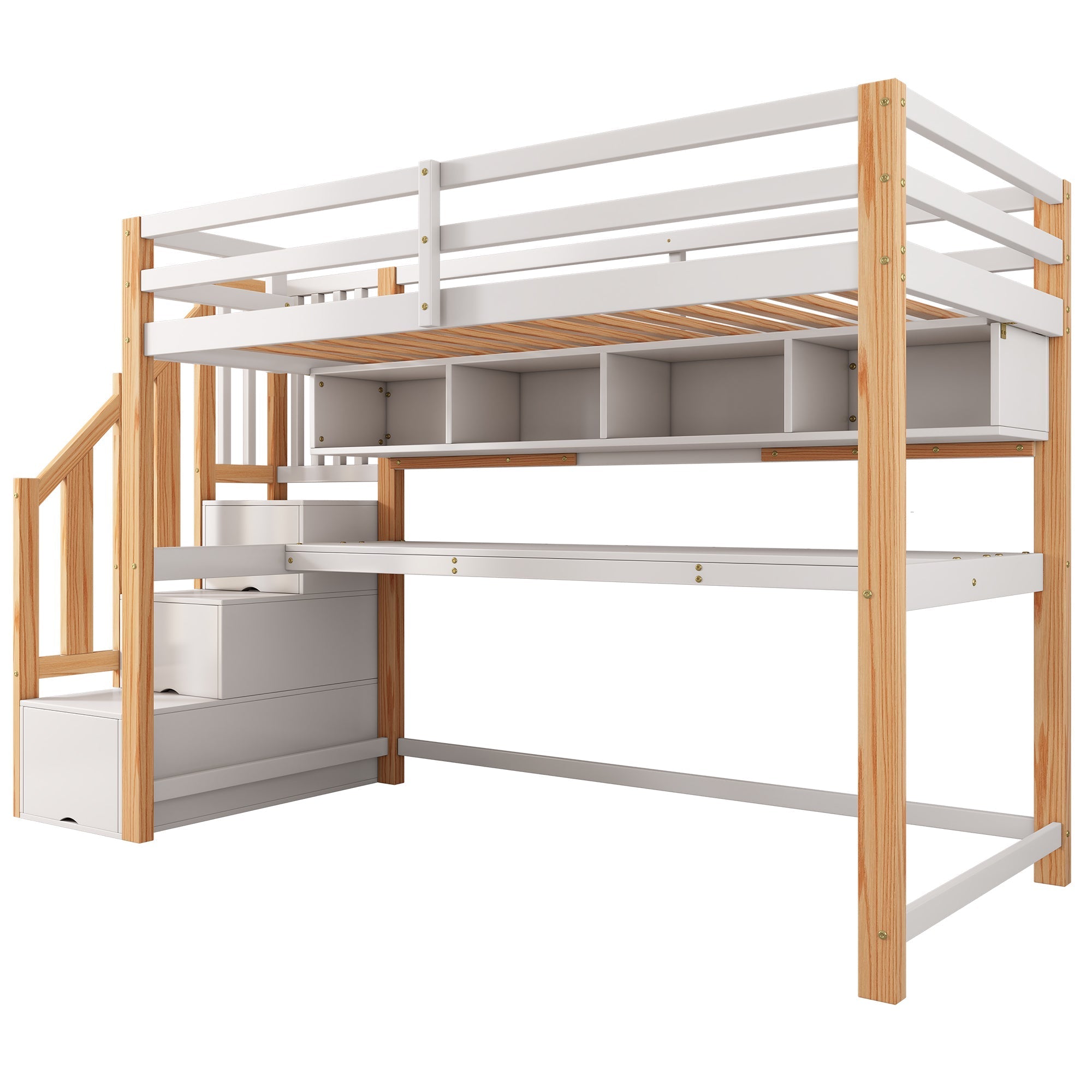 Wood House Bunk Bed, Children's Loft Bed with Storage Stairs, Desk, Shelves, Pine Wood, White + Natural
