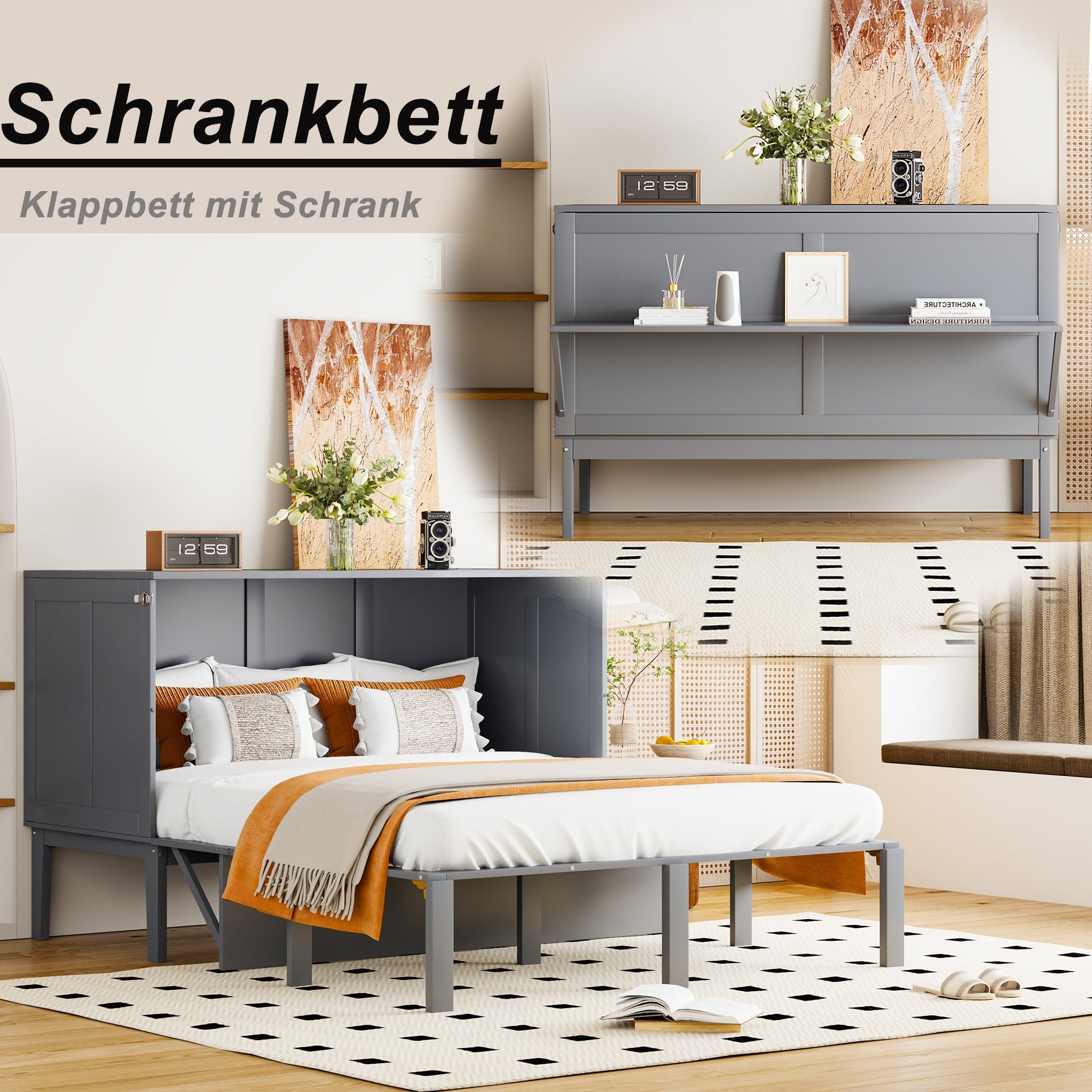 Wall Bed, 140x200cm with Slatted Frame, Grey