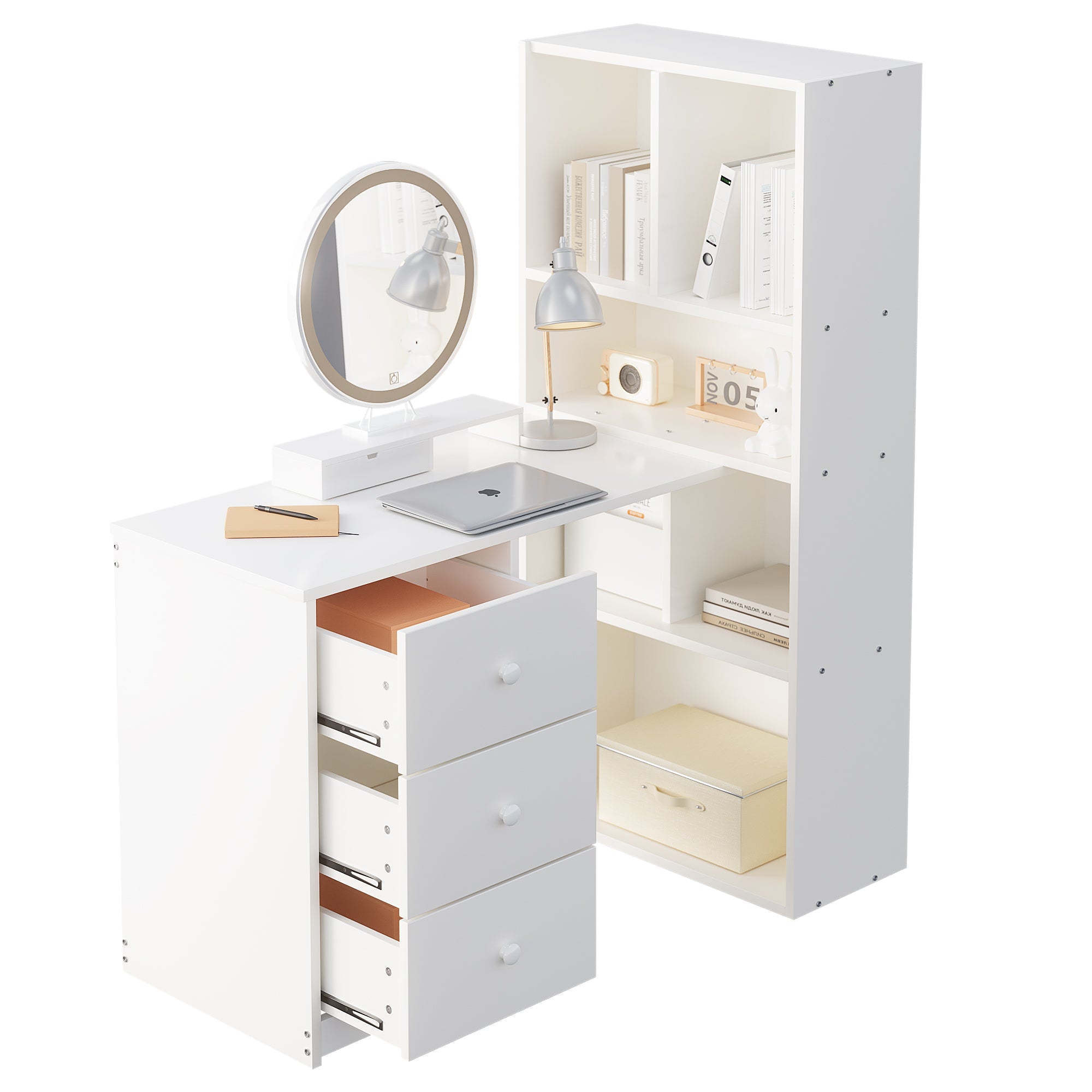 Corner Desk with Bookshelf, 4 Storage and 3 Drawers, White