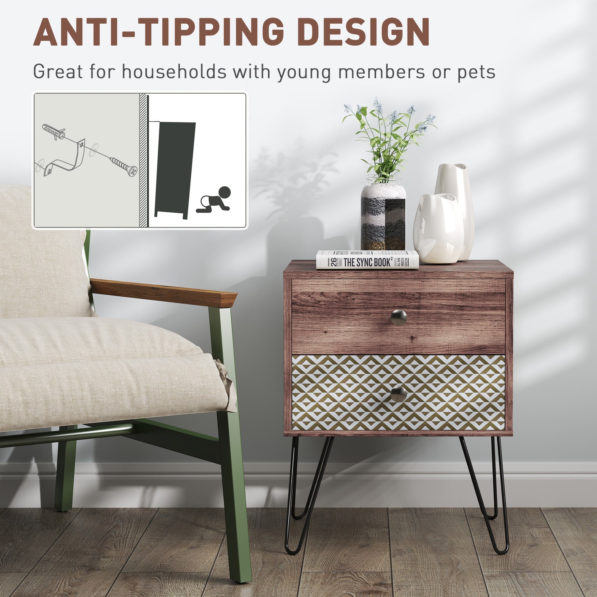 Nightstand 2-Drawer Bedside Table Rustic Brown
