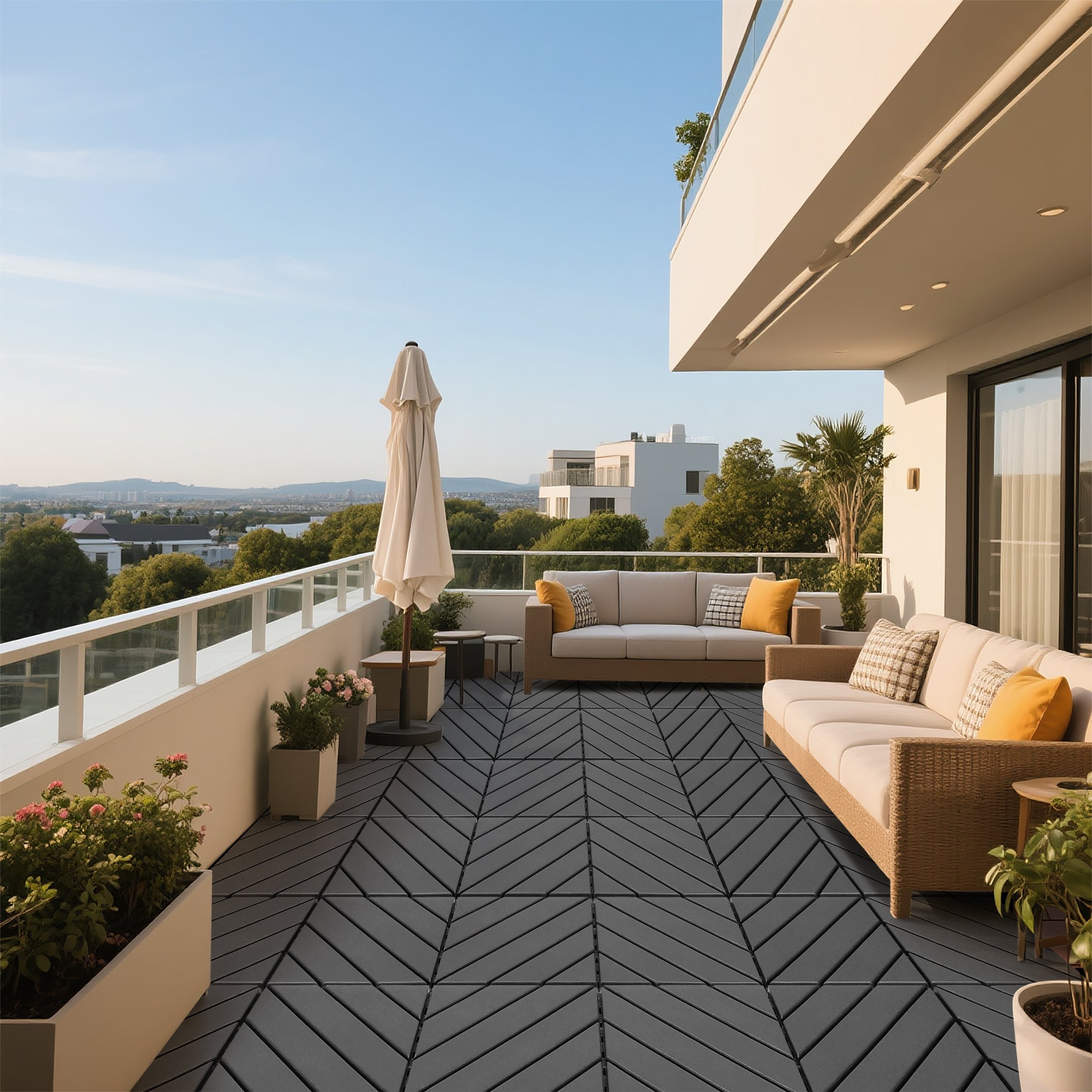 Plastic Interlocking Deck Tiles 44 Pack 12x12in Square Waterproof - Dark Grey