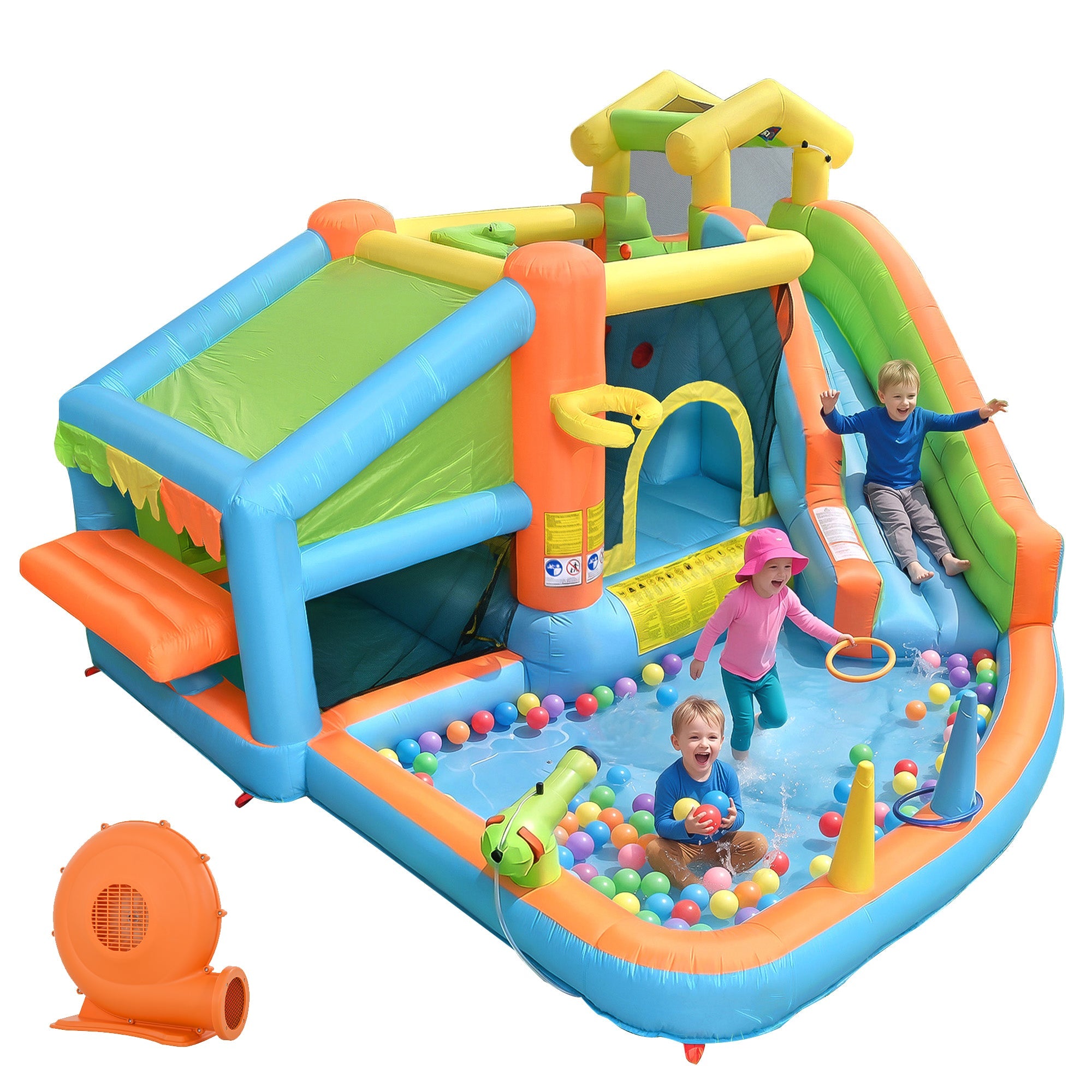 Children's Bouncy Castle and Inflatable Water Park with Blower, Slide and Basketball Hoop, 360x350x210cm, Oxford Fabric