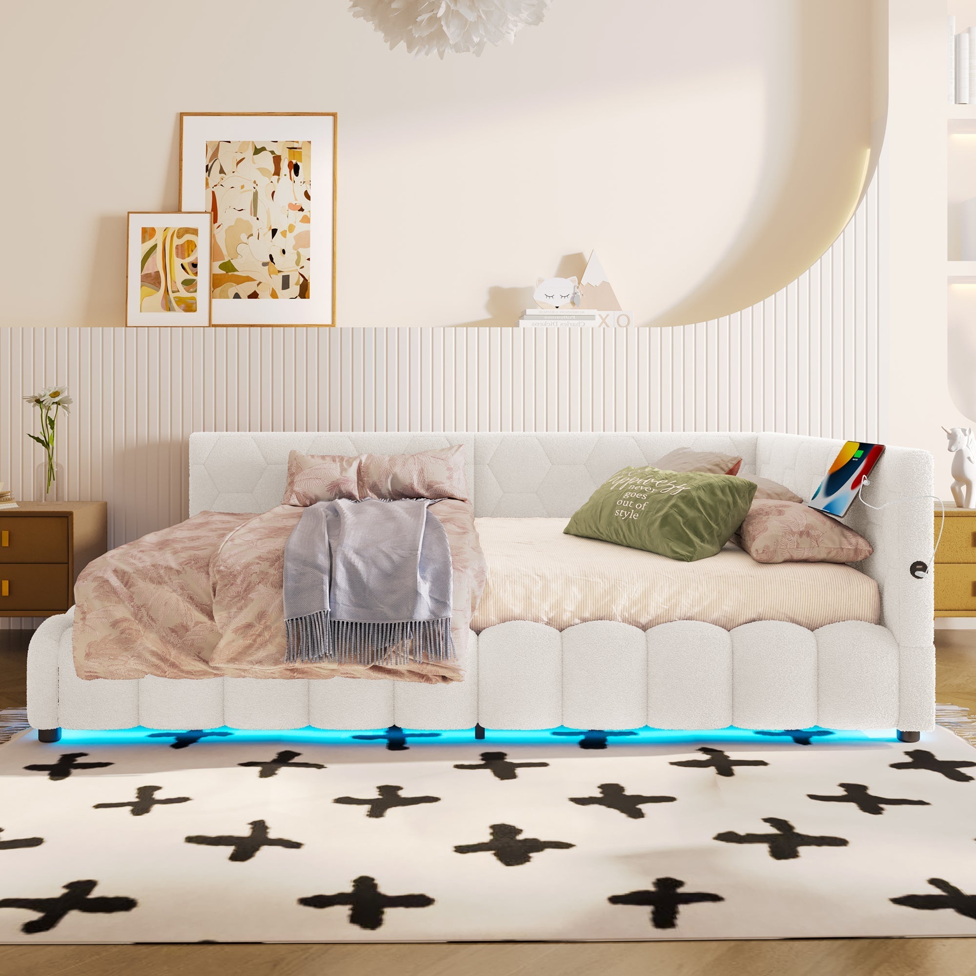 Daybed Sofa Bed 140x200cm Hydraulic Storage LED USB/Type-C Fleece Imitation White