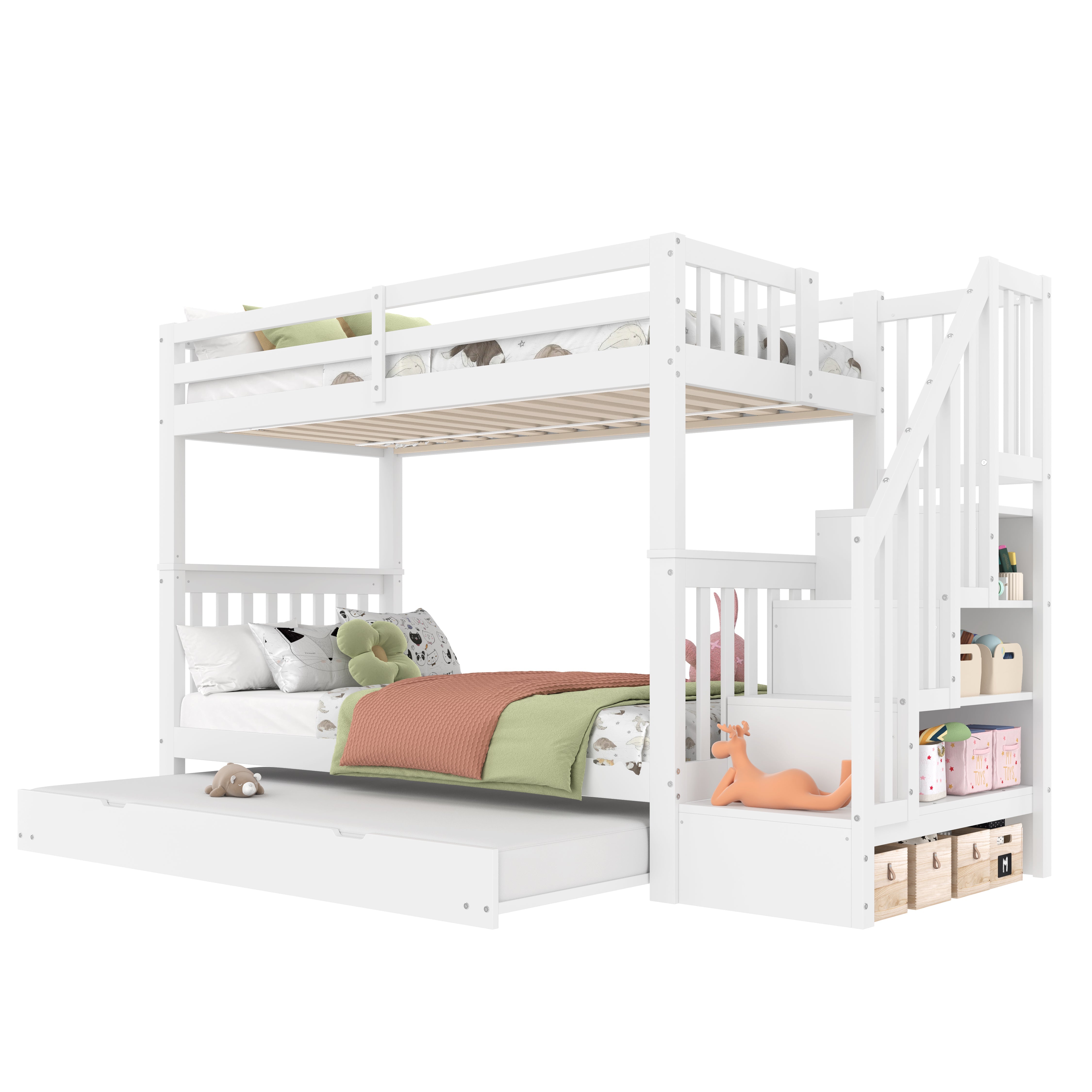 Bunk Bed with Stair Shelf and Pull-out Trundle Bed, 90x200cm, White