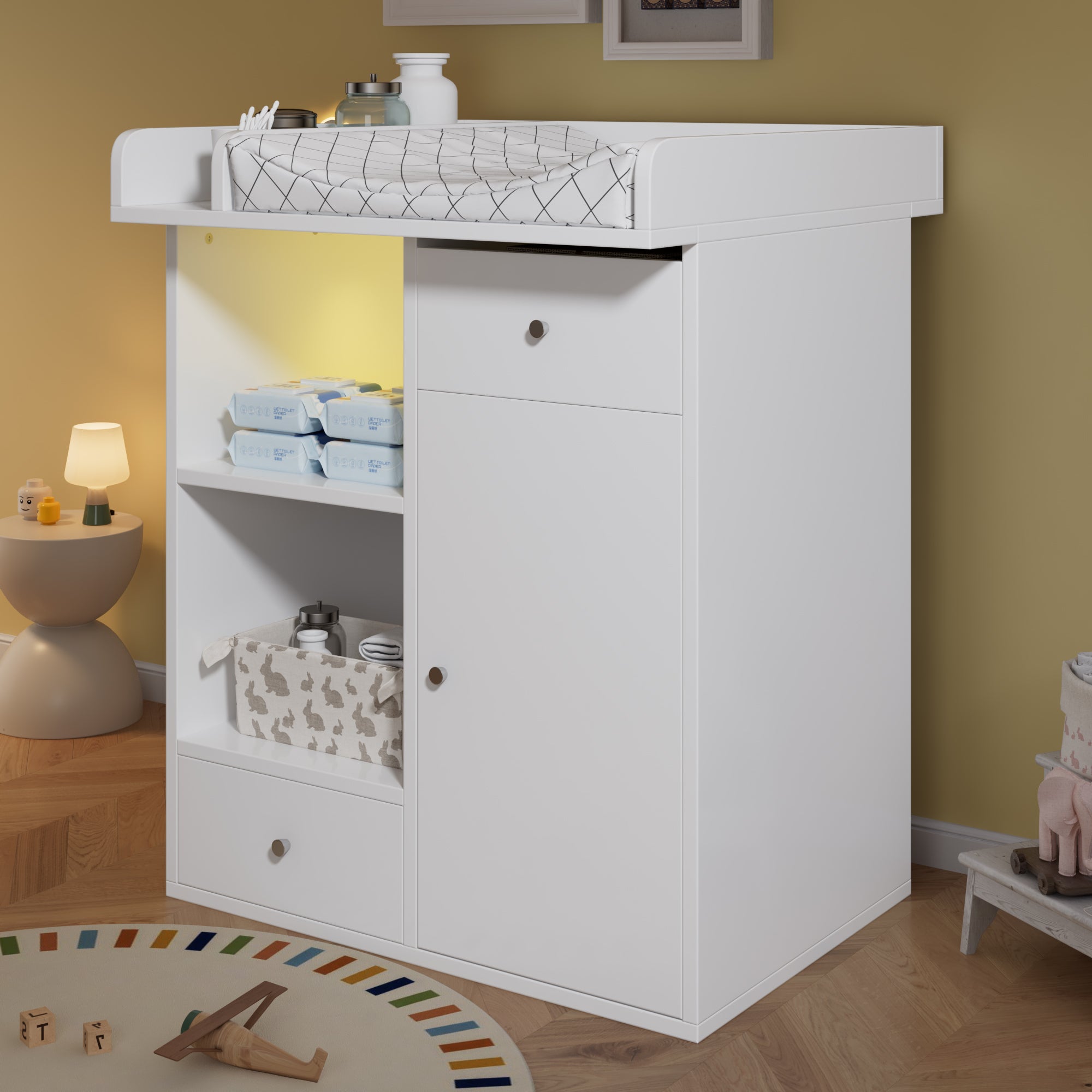 Changing Table with LED Lighting and 2 Drawers, White