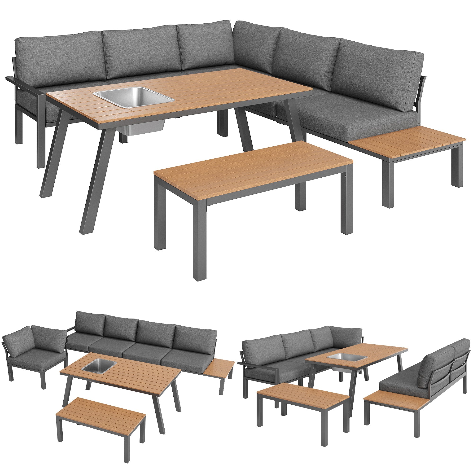 Garden Lounge Set 6-7 Seater Dining Table Ice Bucket - Galvanized Iron Frame