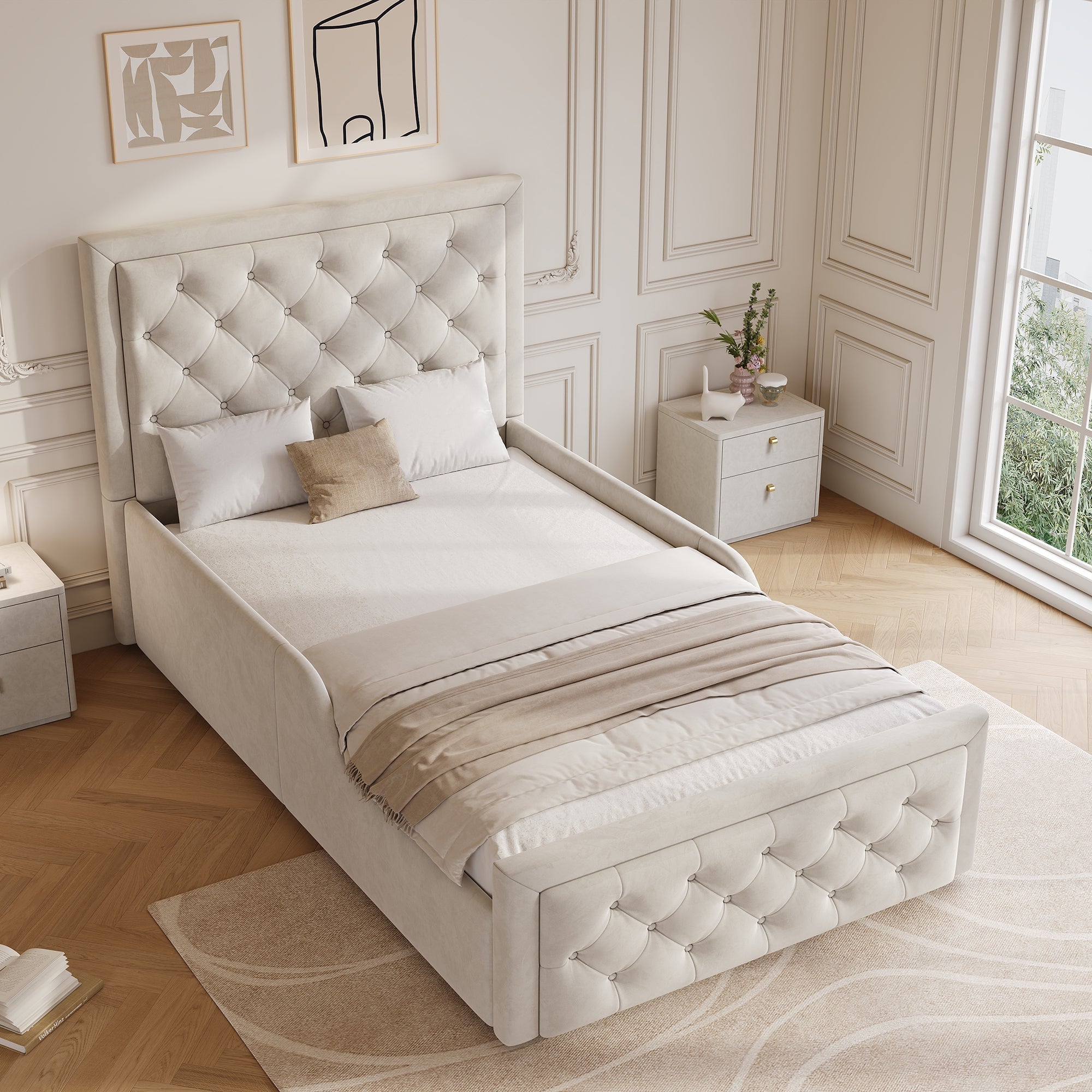 Upholstered Single Bed with Hydraulic Storage and Slatted Base, 90x200cm, Beige Velvet