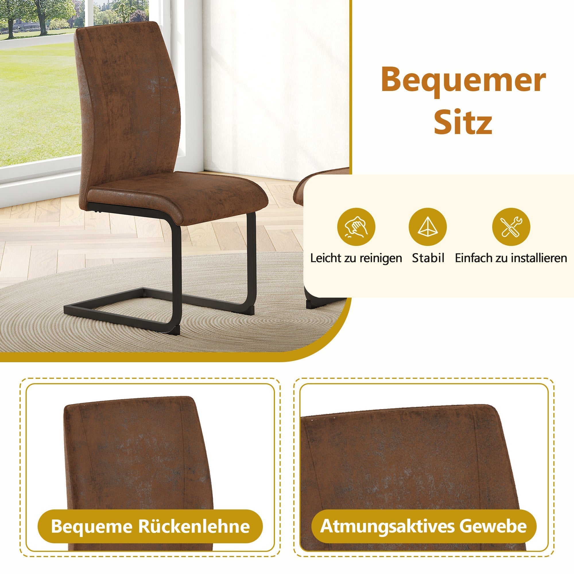 Table Set Rectangular Dining Table with Shelf & 6 Armchairs 160x90x76cm - Brown Tech Fabric