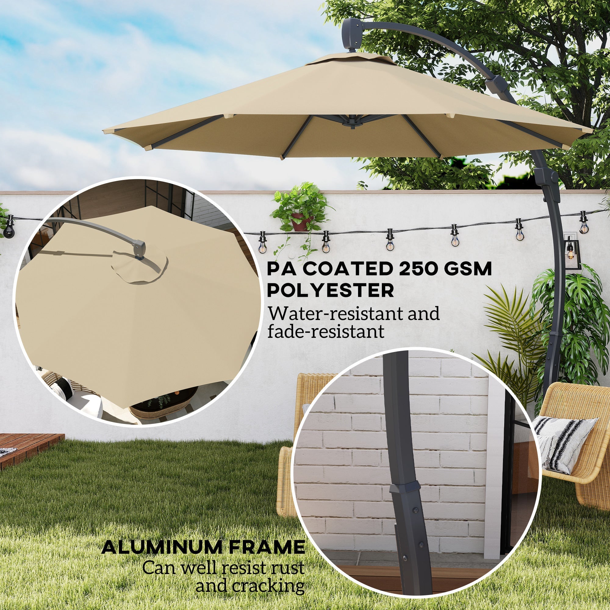 3m Cantilever Parasol, Round Overhanging Umbrella, Crank, 360° Rotation, Khaki