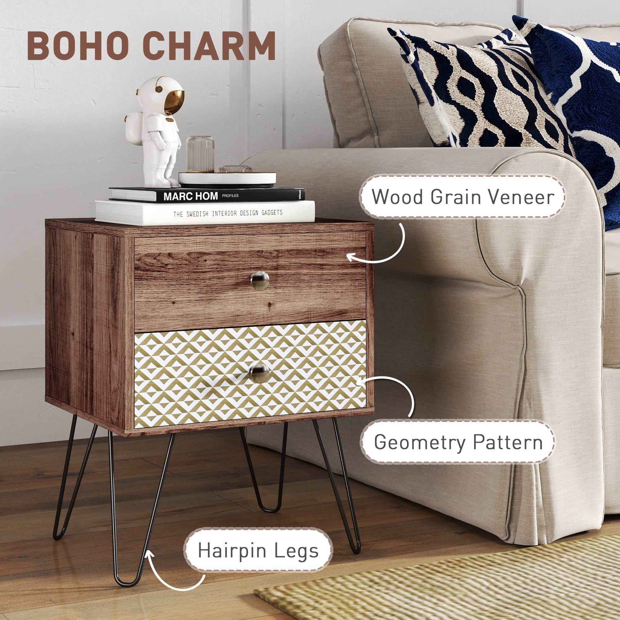 Nightstand 2-Drawer Bedside Table Rustic Brown