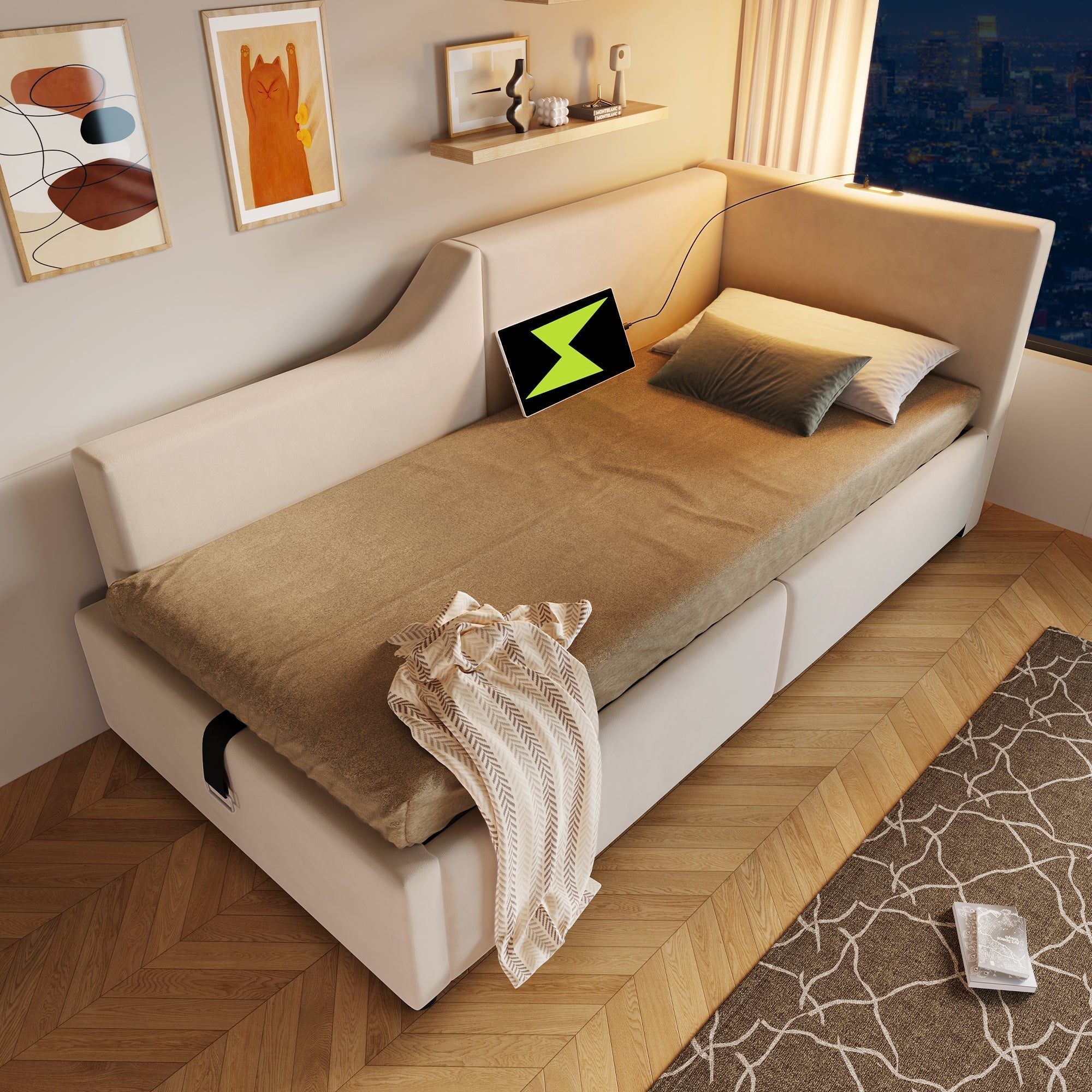 Upholstered Daybed, 90x190cm Sofa Bed with Hydraulic Storage & USB-C, Velvet Beige