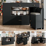 Kitchen Island Cabinet Adjustable 140cm with 6 Drawers Bar Stools White/Black