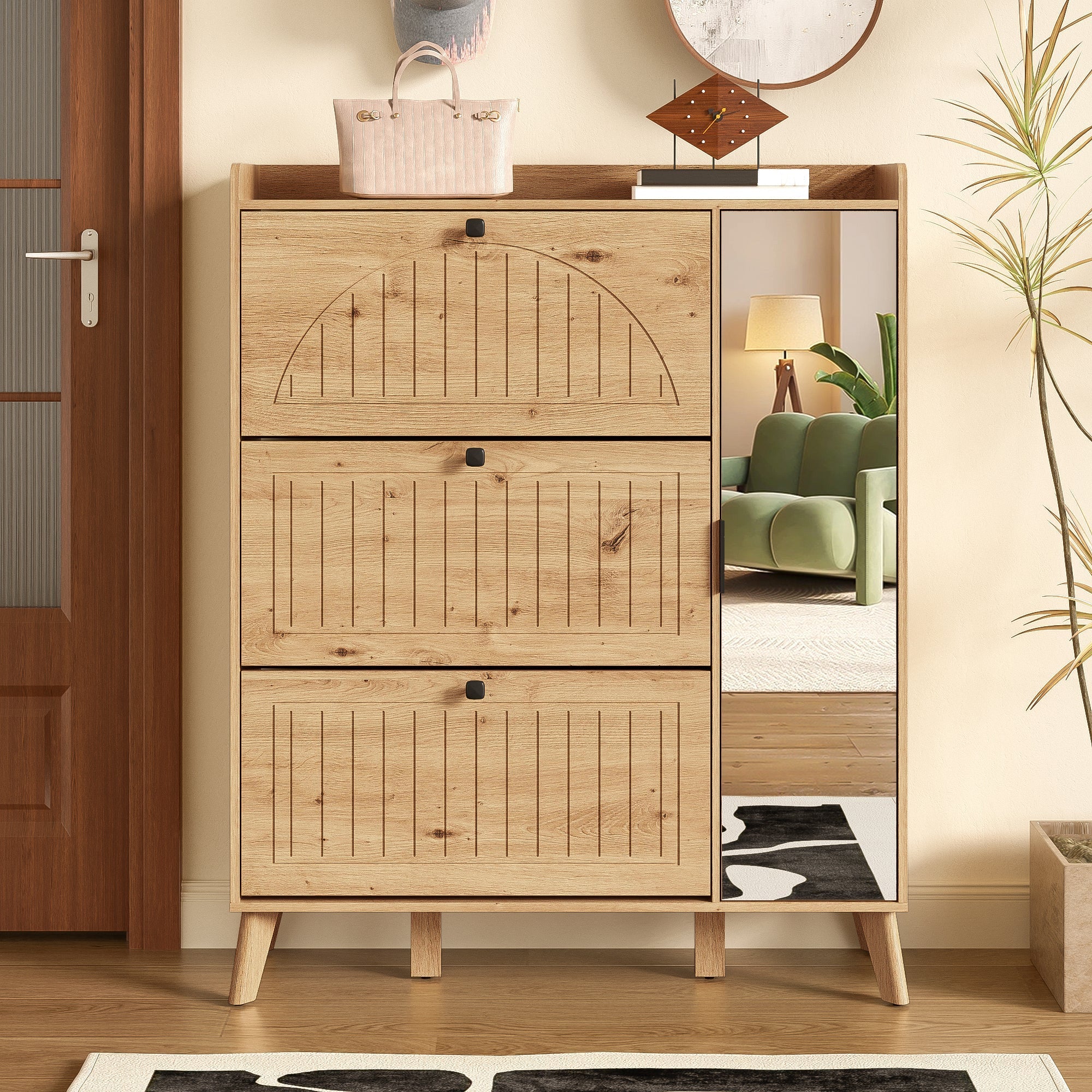 Modern Shoe Cabinet Mirror 3 Flap Doors 110x24x137.5cm